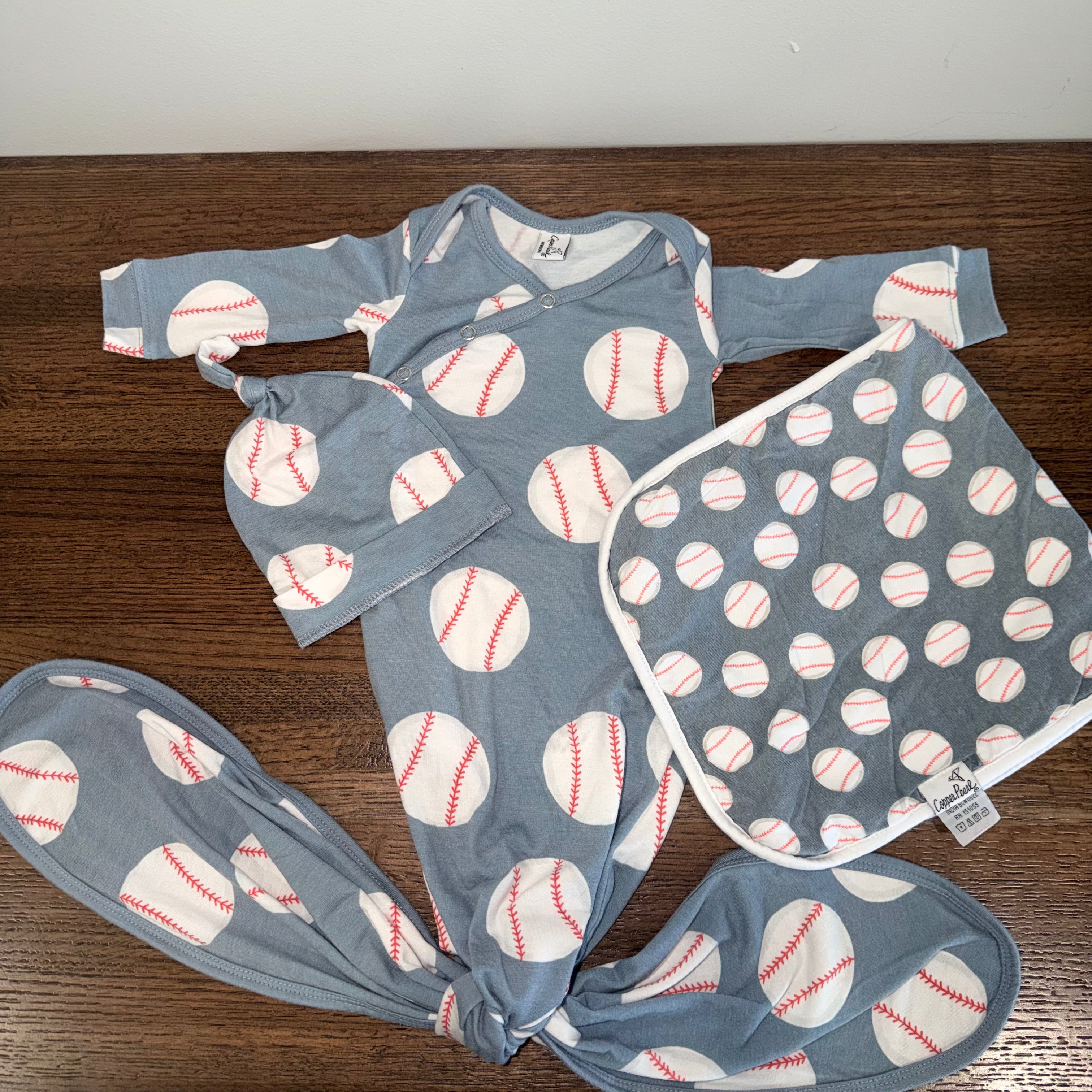 Copper Pearl Slugger Bamboo Knotted Gown, Burp Cloth,  & Hat Size Newborn