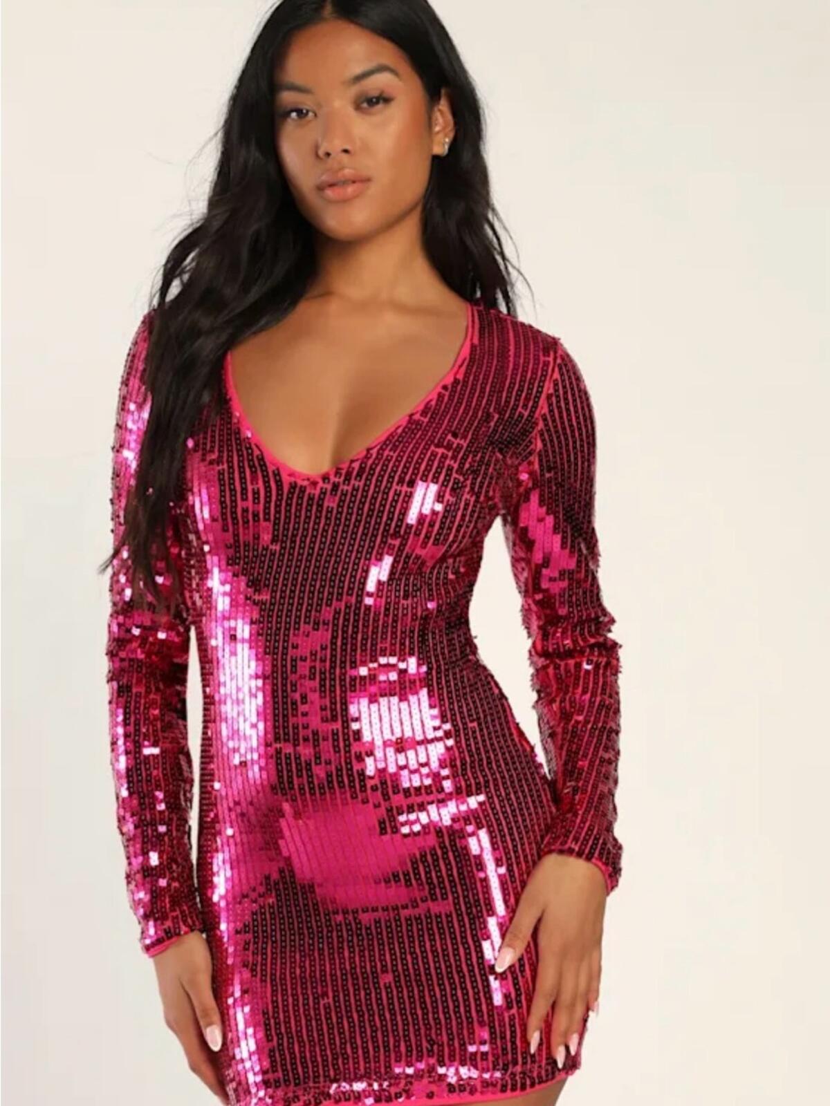 Lulu’s Women’s Glowing Sensation Magenta Sequin Mini Bodycon Dress Large NWT