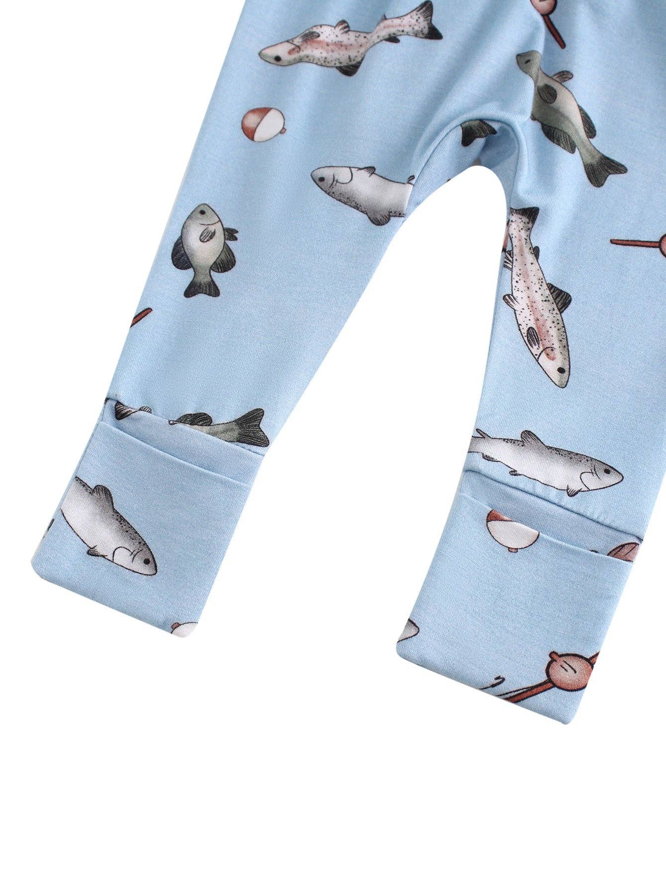 PoshTOT Blue Fish Bamboo Baby Convertible Zippy Romper: 3-6M