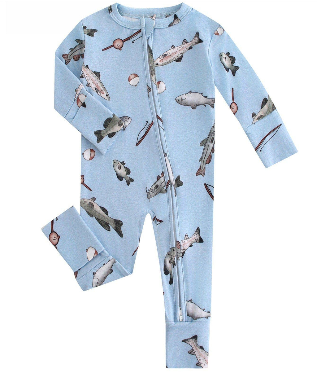 PoshTOT Blue Fish Bamboo Baby Convertible Zippy Romper: 0-3M