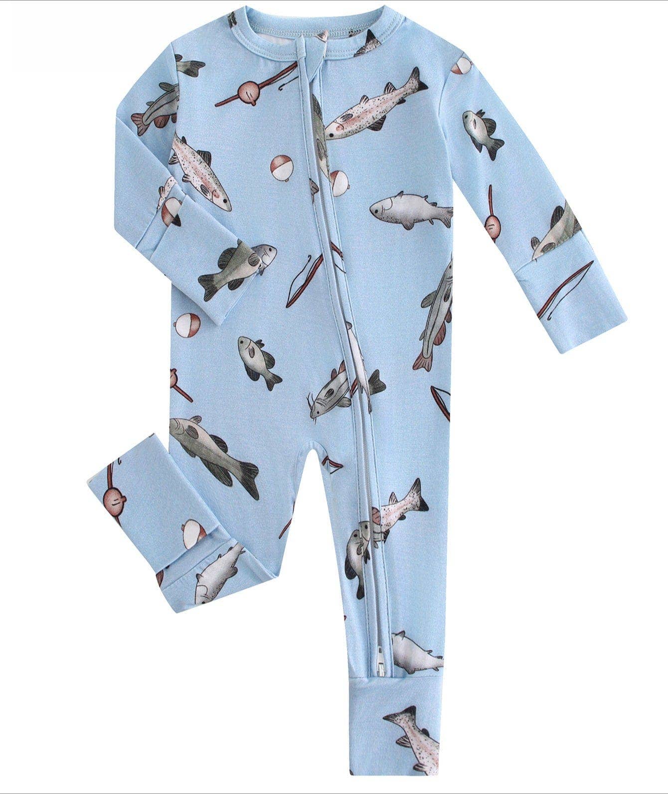 PoshTOT Blue Fish Bamboo Baby Convertible Zippy Romper: 6-9M