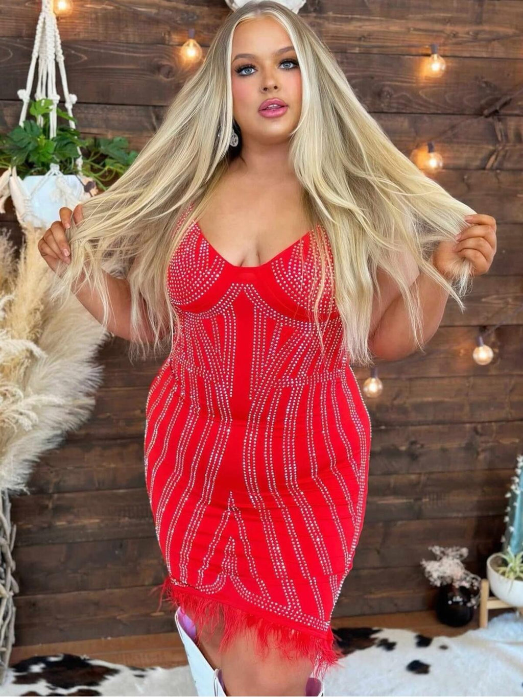 Southern Fried Chics Red Beaded Mini Dress with Feather Hem Size Large