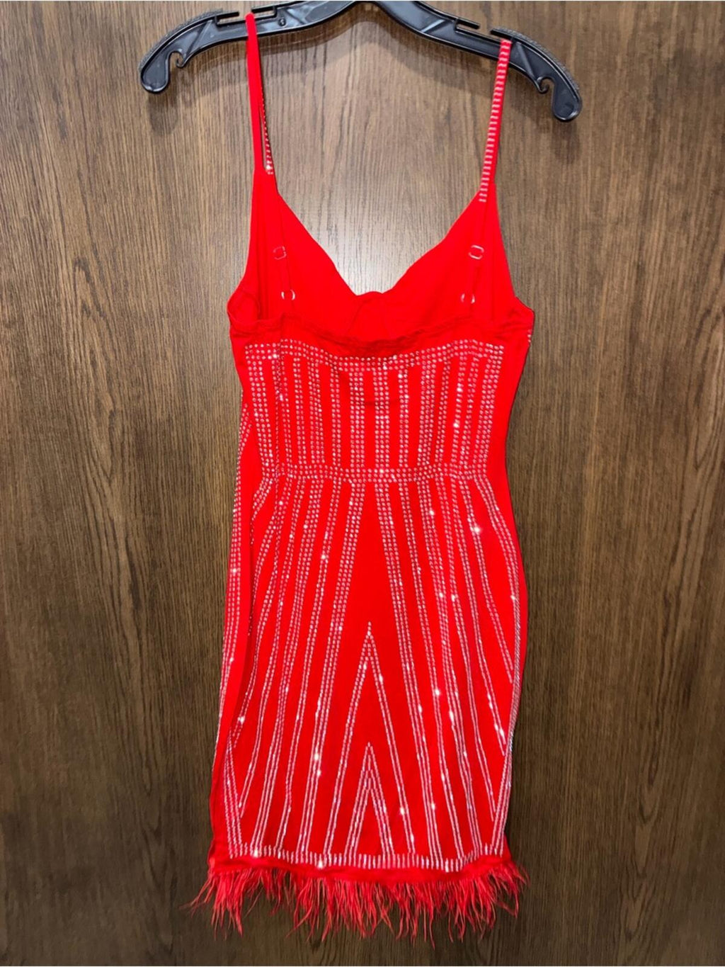 Southern Fried Chics Red Beaded Mini Dress with Feather Hem Size Large