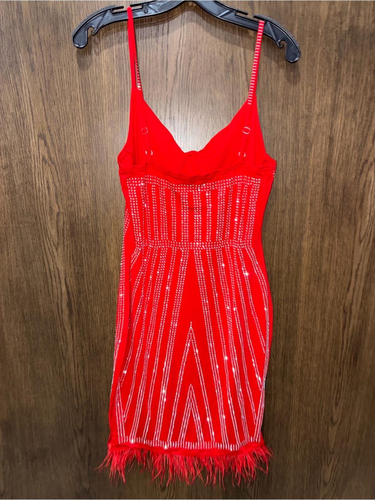 Southern Fried Chics Red Beaded Mini Dress with Feather Hem Size Large