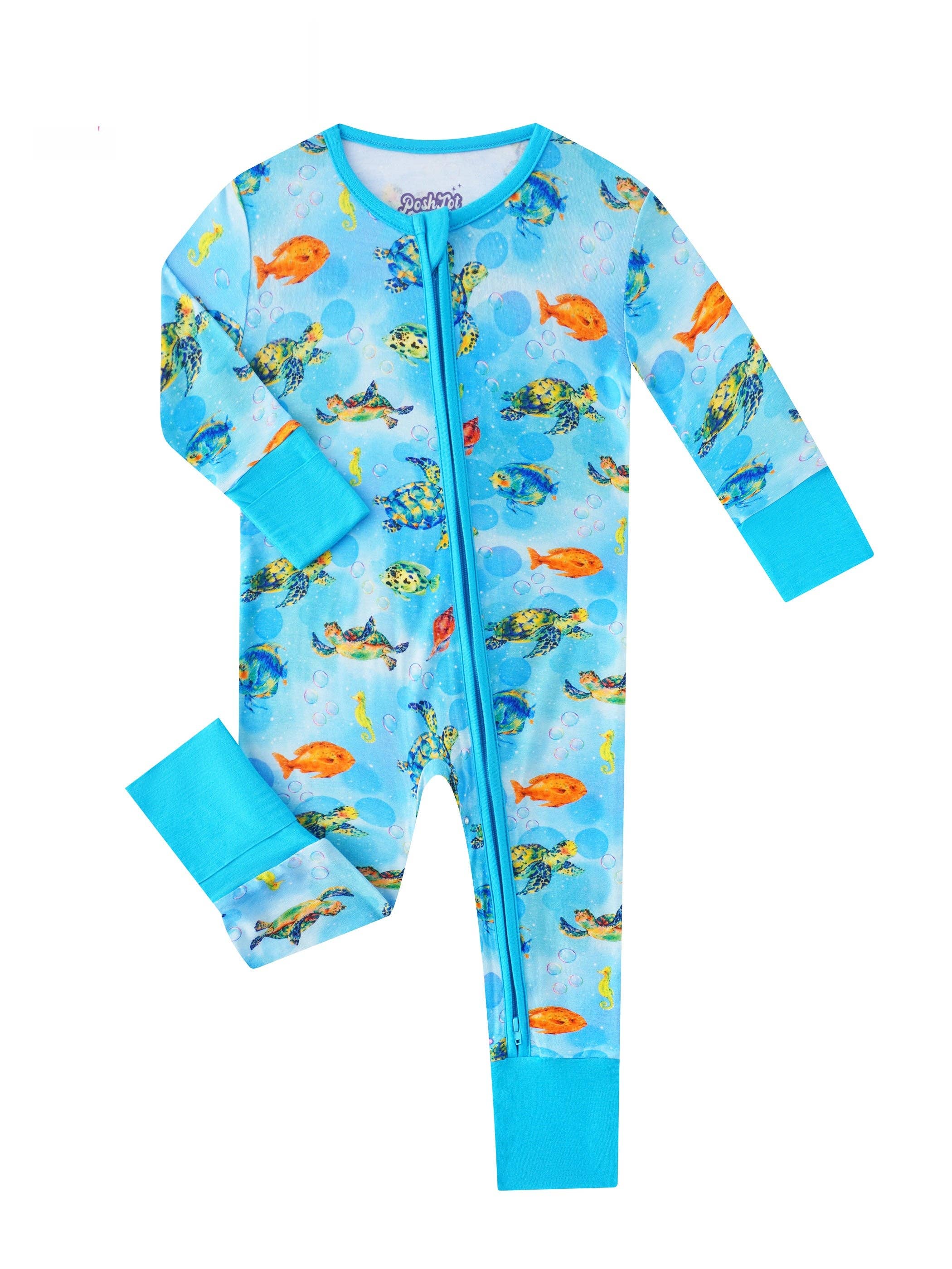 PoshTOT Sea Turtle Bamboo Baby Convertible Zippy Romper: 3-6M