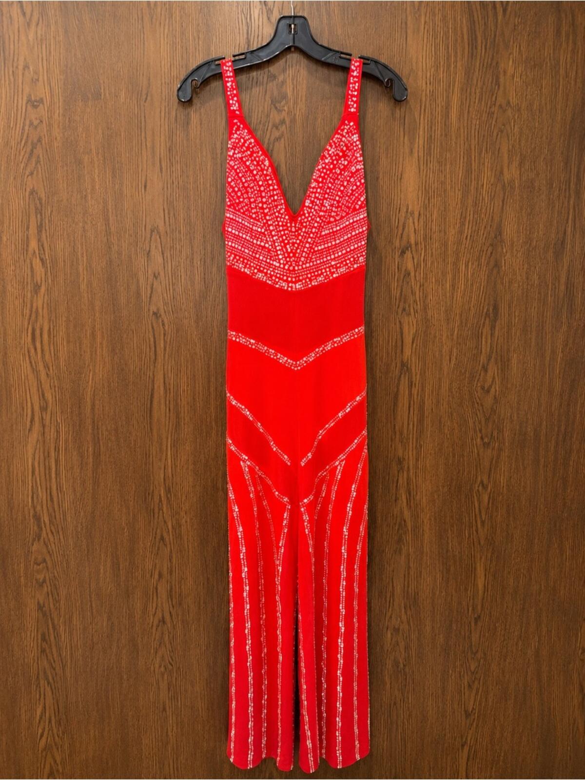 Southern Fried Chics Women’s Red Beaded V-Neck Jumpsuit Size Large