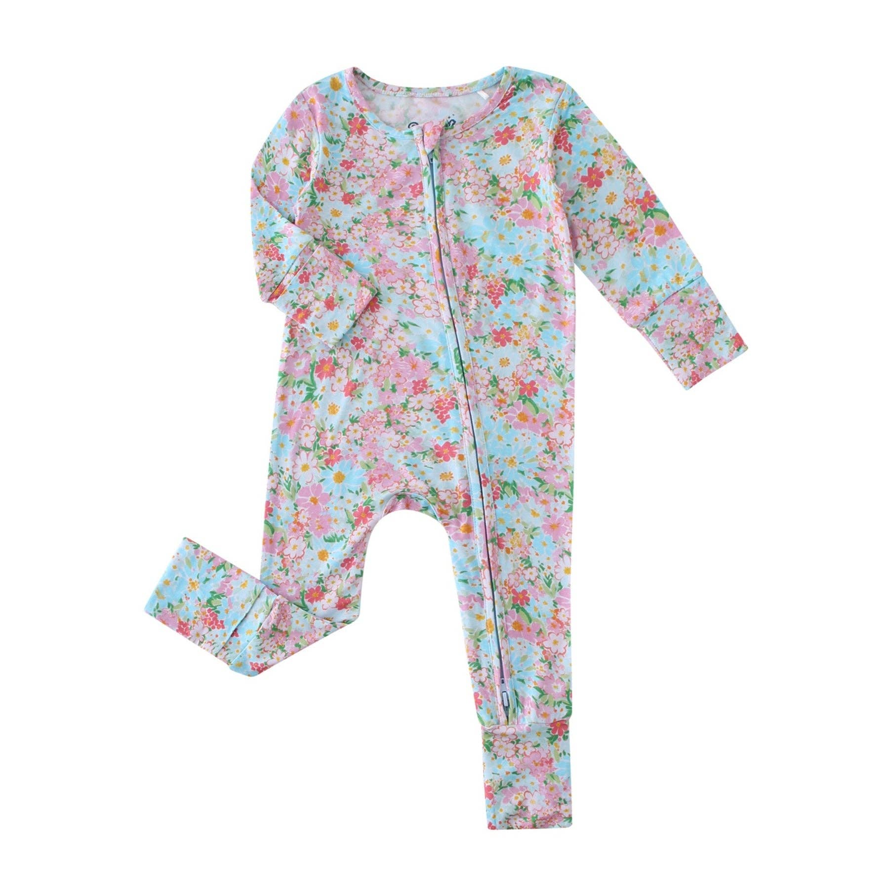 PoshTOT Spring Floral Bamboo Baby Convertible Zippy Romper: 6-9M