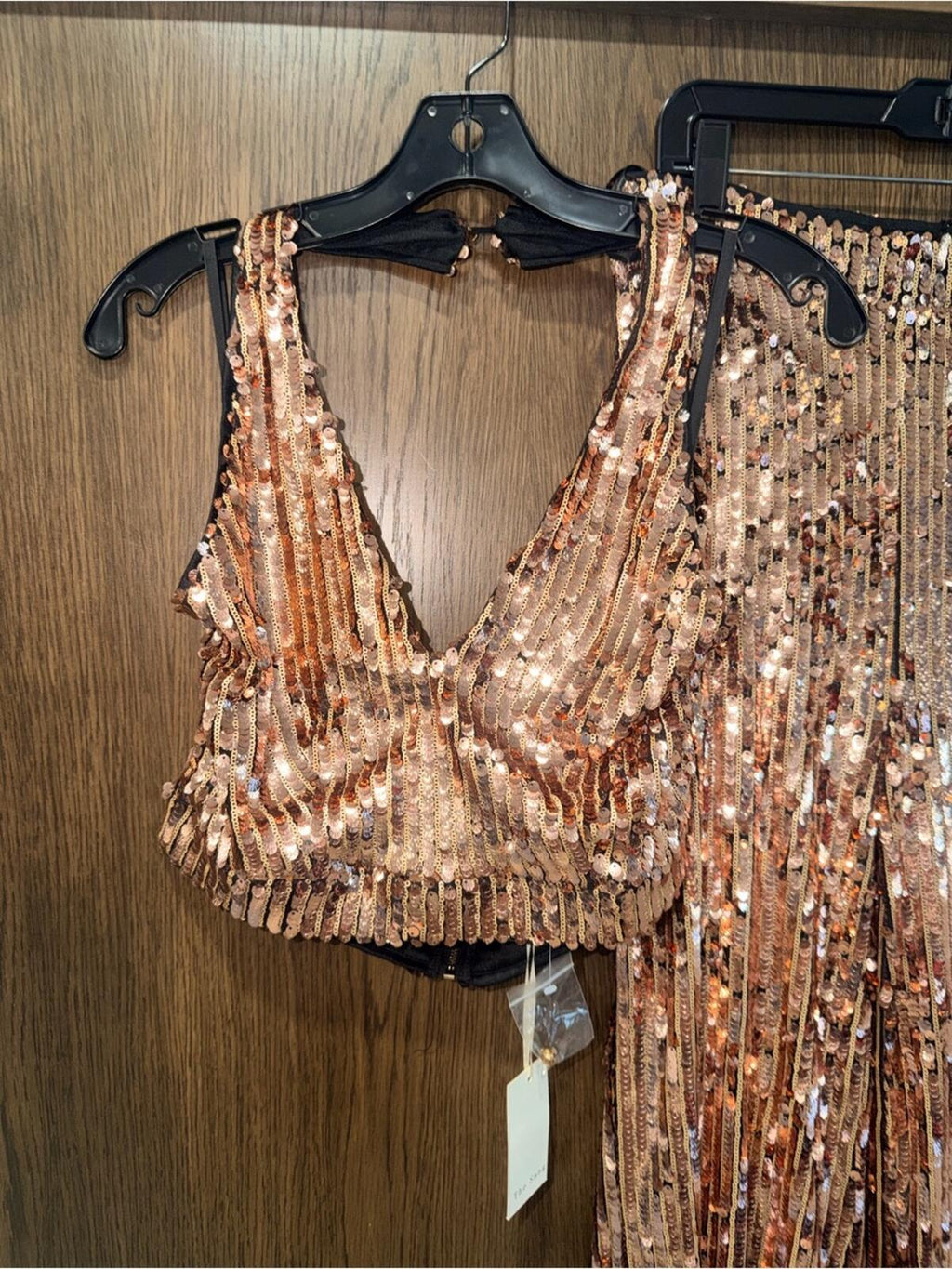 The Sang Sequin NWT Two-Piece Crop Top & Wide Leg Pants Set Size Large Rose Gold