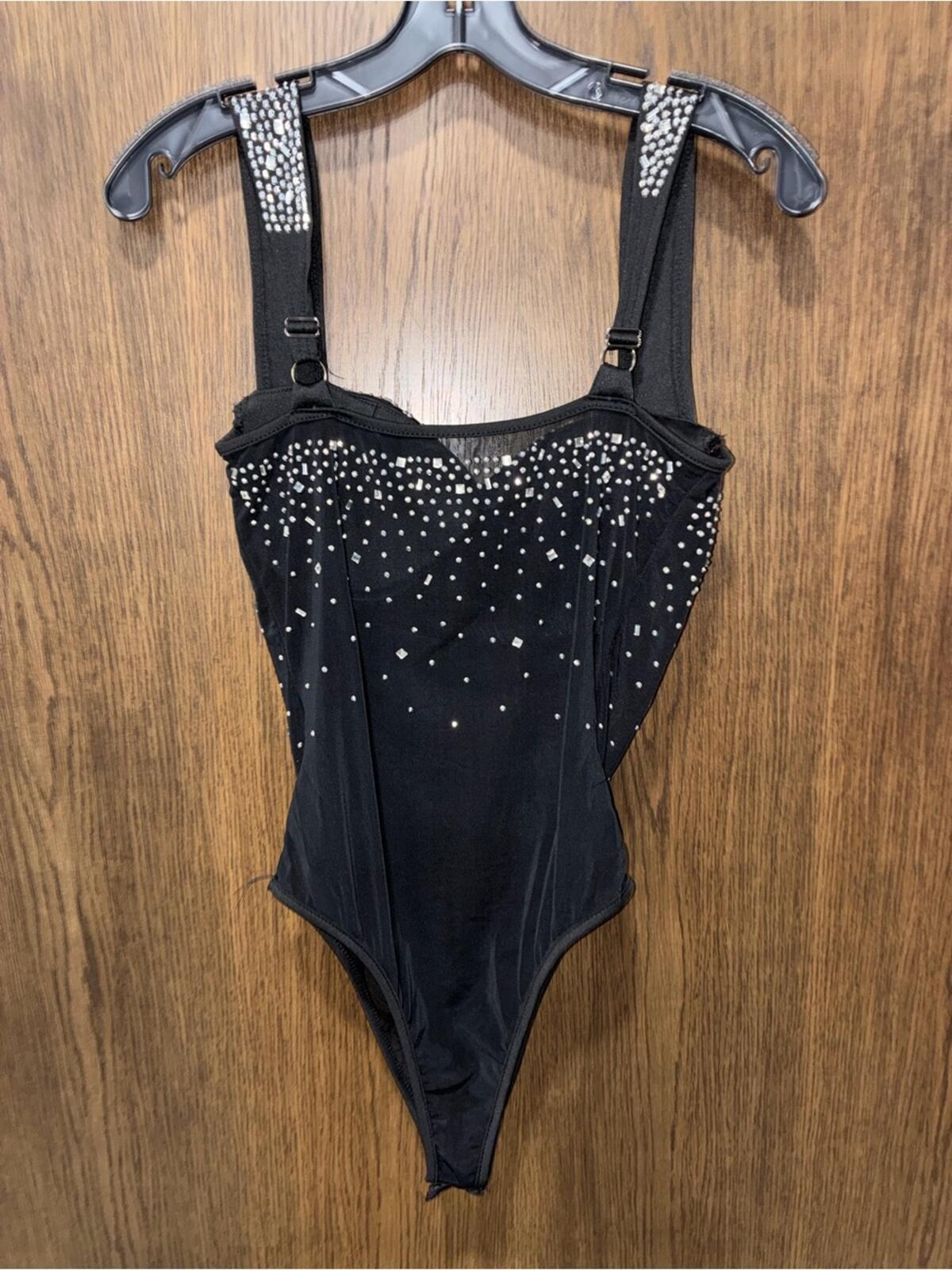 Southern Fried Chics Black Rhinestone-Embellished Bodysuit Size Medium