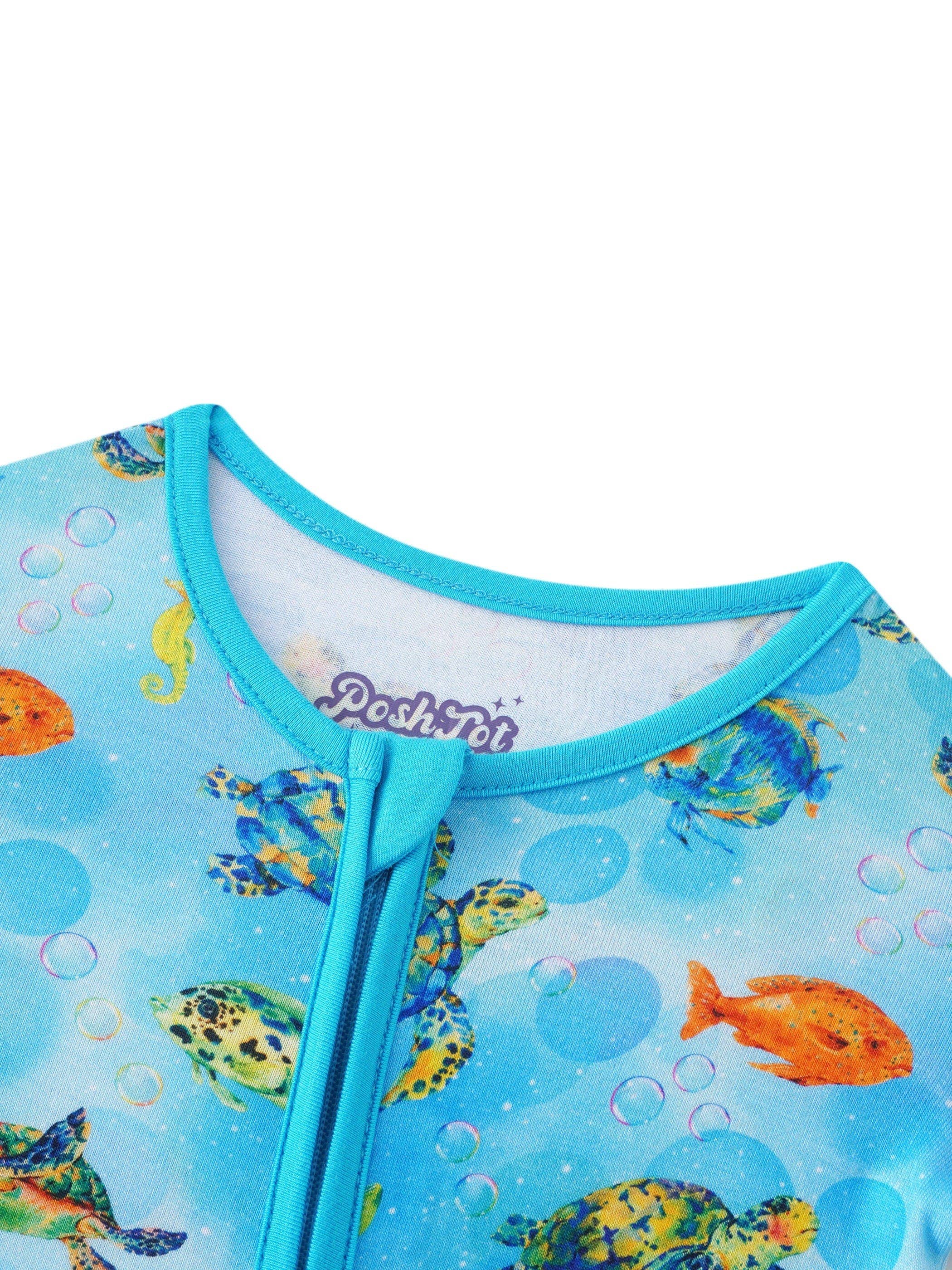 PoshTOT Sea Turtle Bamboo Baby Convertible Zippy Romper: 0-3M