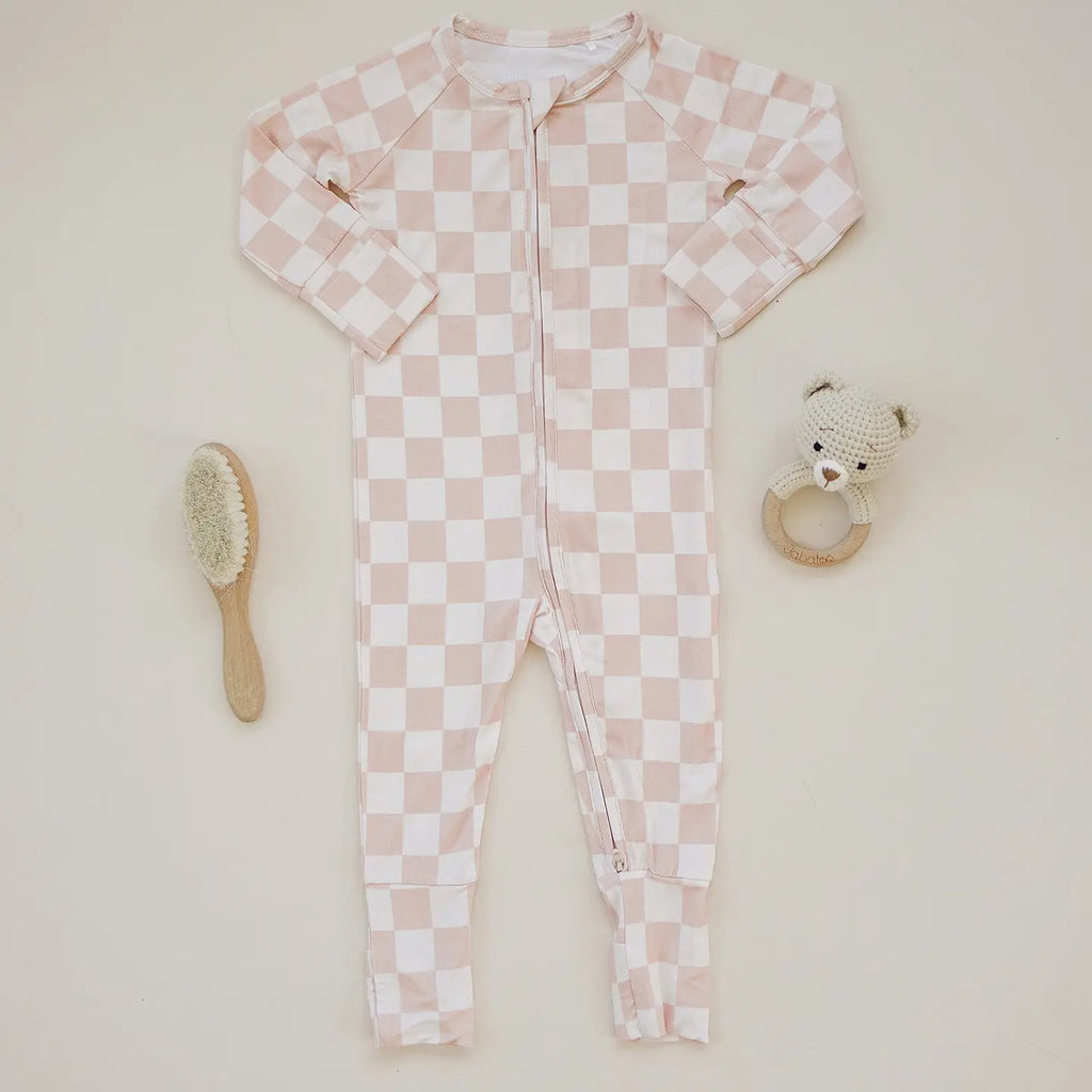 Ava+Oliver Bamboo Blush Checkers Convertible Zippy Romper 0-3mos NWT