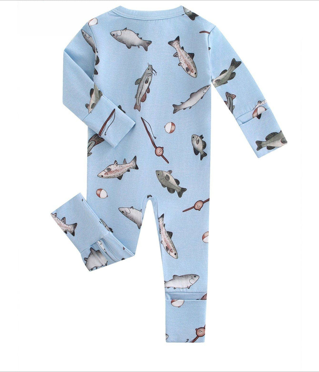 PoshTOT Blue Fish Bamboo Baby Convertible Zippy Romper: 6-9M