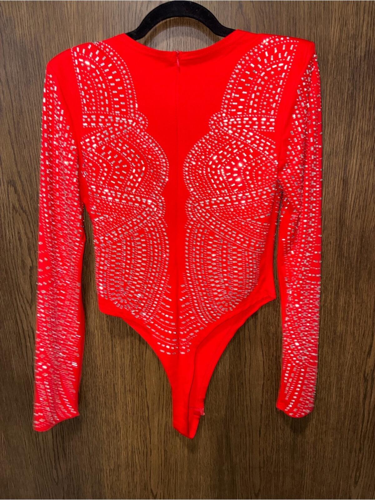 Southern Fried Chics Women’s Show Stopping Red Studded Bodysuit Large