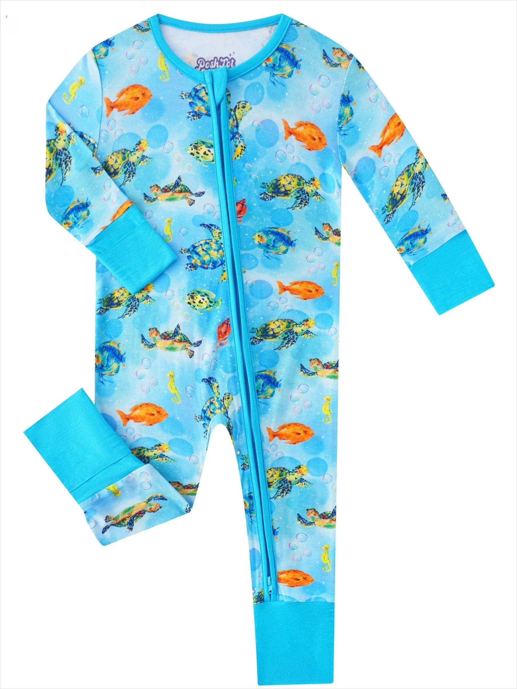 PoshTOT Sea Turtle Bamboo Baby Convertible Zippy Romper: 12-18M