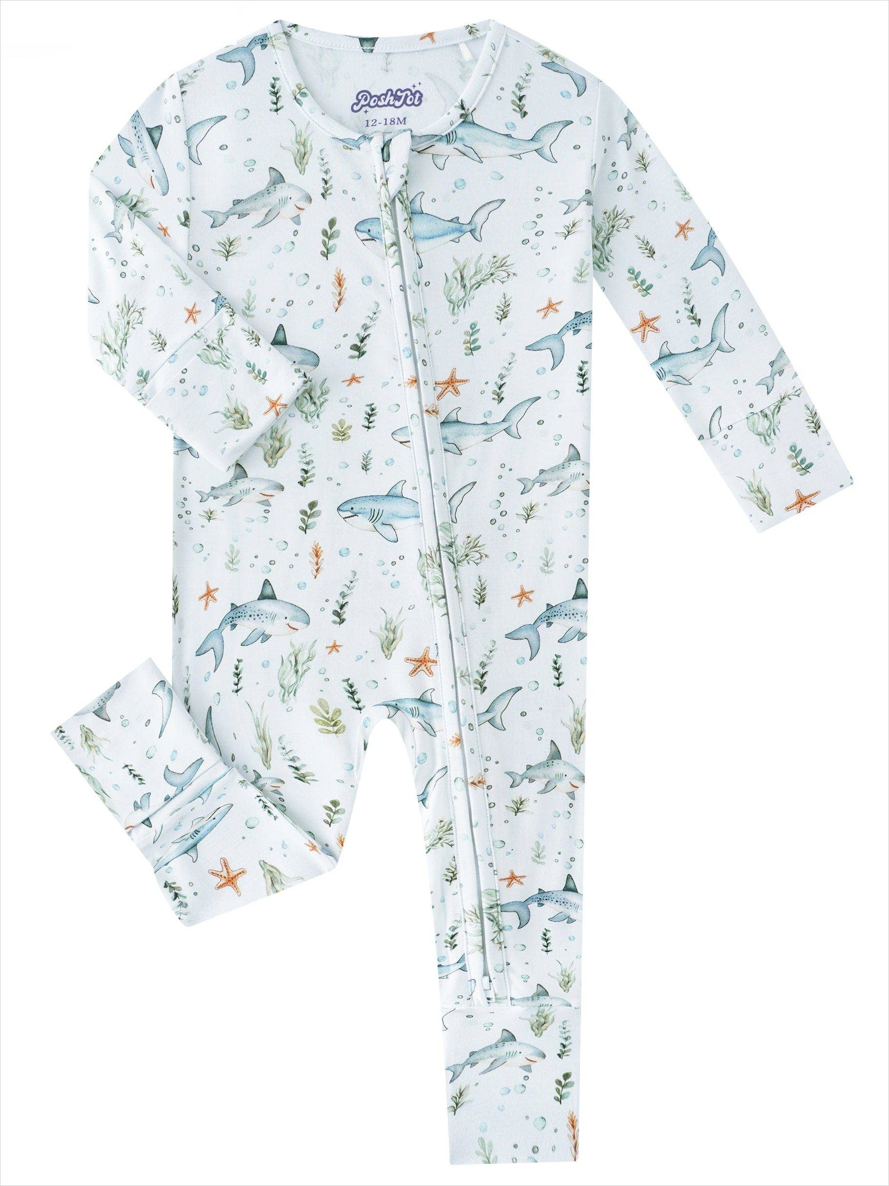 PoshTOT Shark Bamboo Baby Convertible Zippy Romper: 9-12M