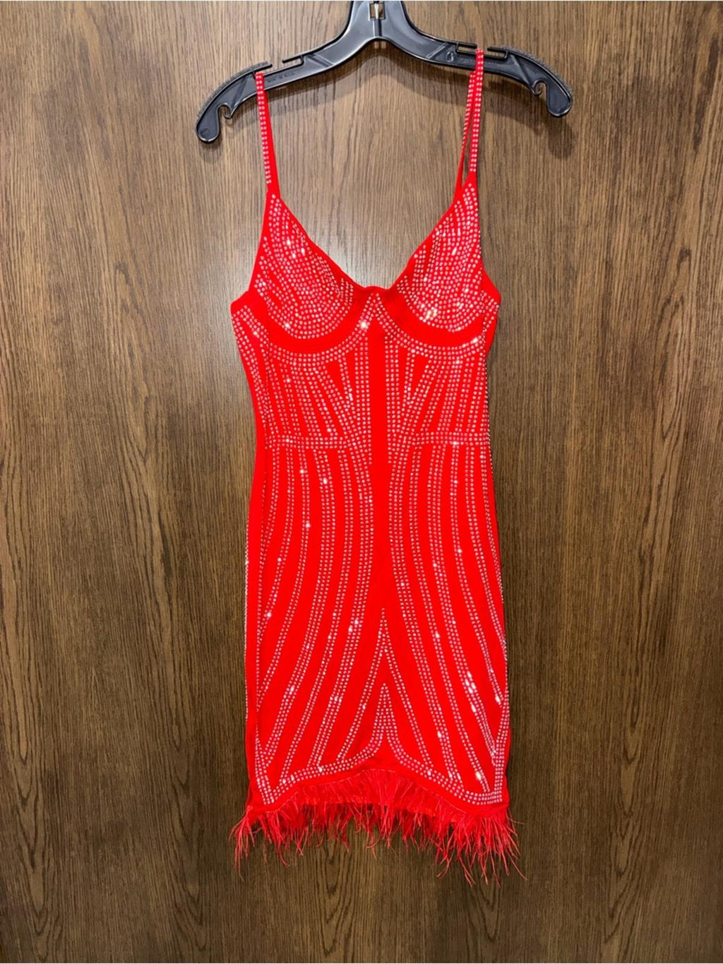 Southern Fried Chics Red Beaded Mini Dress with Feather Hem Size Large