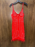 Southern Fried Chics Red Beaded Mini Dress with Feather Hem Size Large