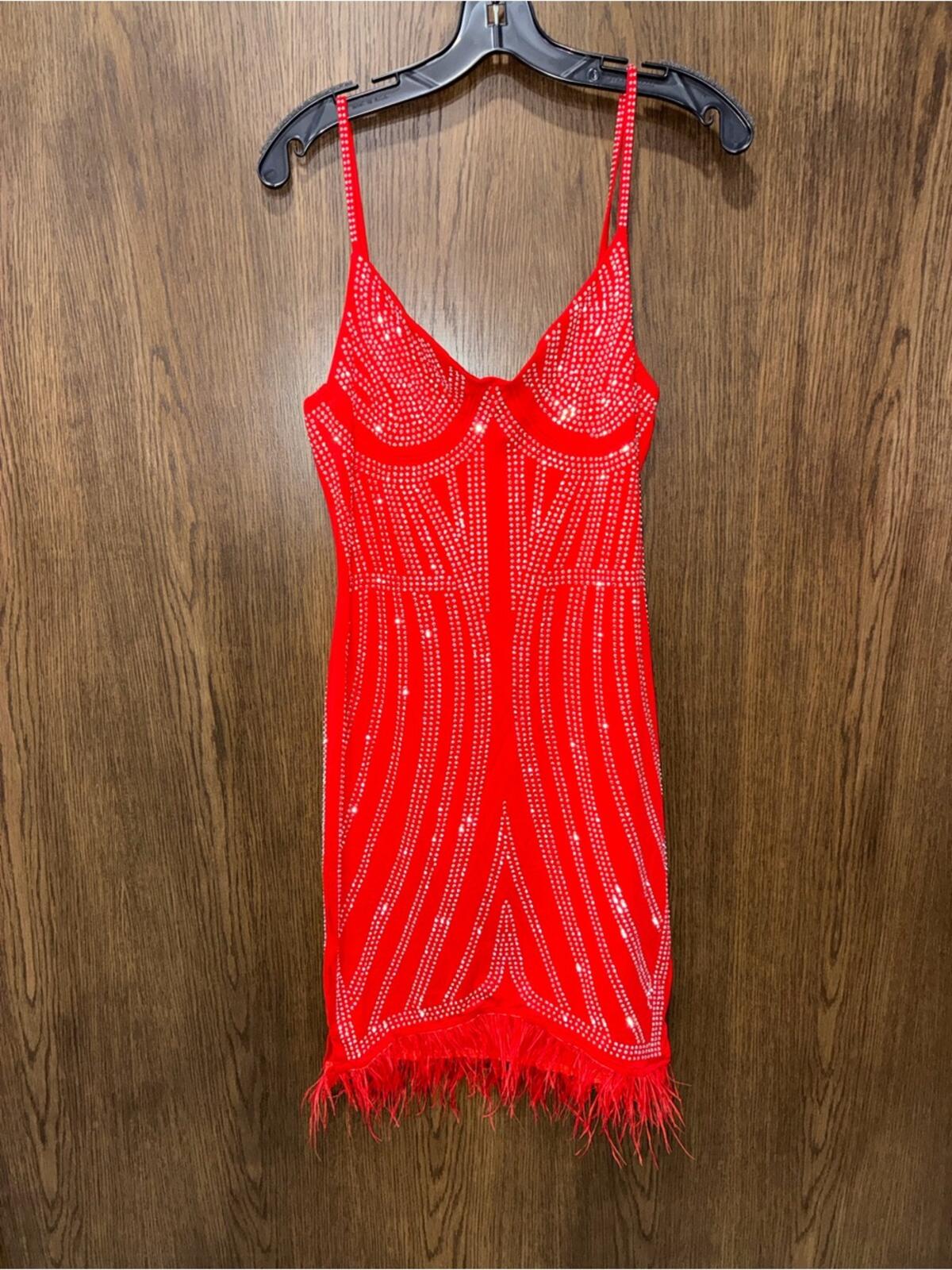 Southern Fried Chics Red Beaded Mini Dress with Feather Hem Size Large