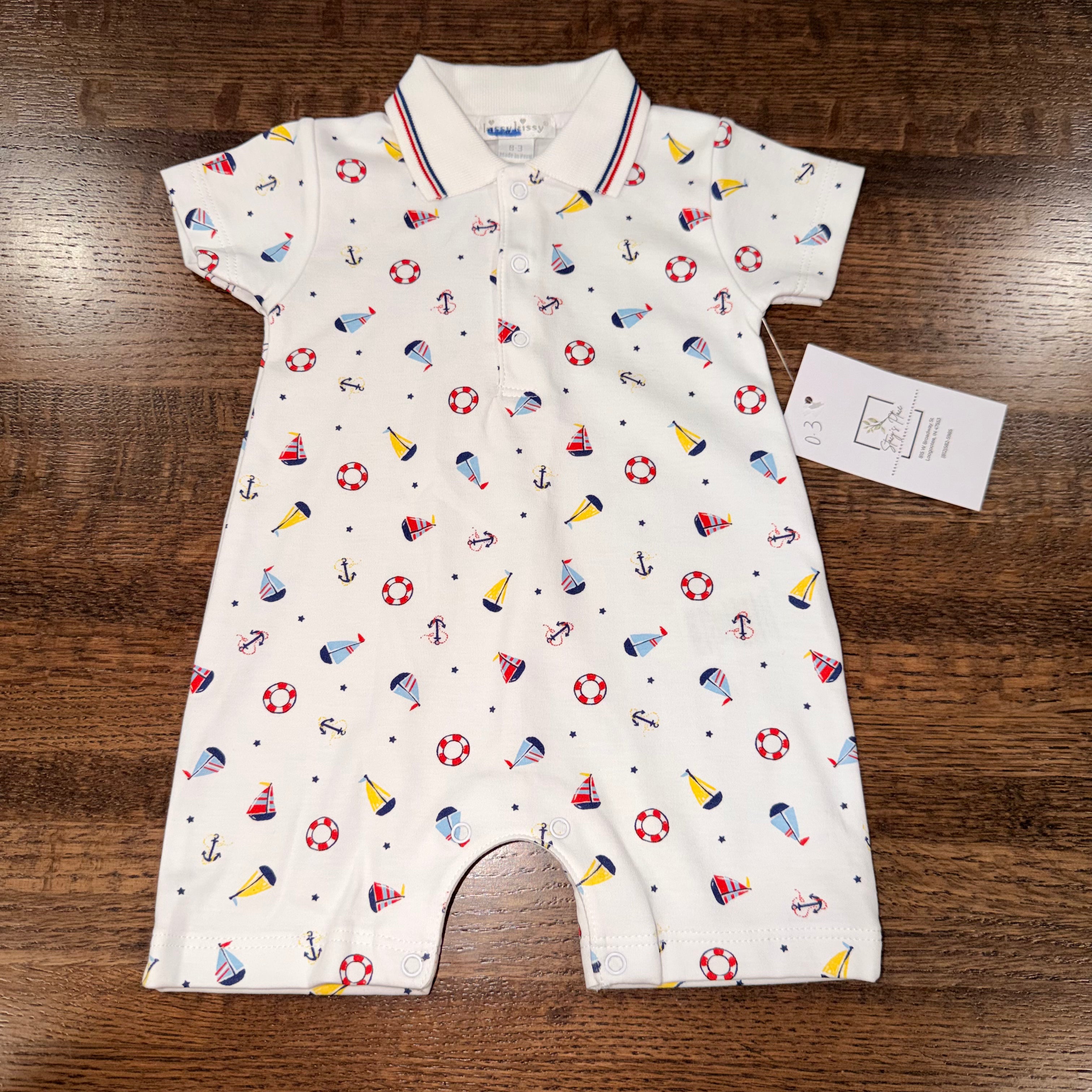 Vintage Kissy Kissy Y2K Baby Boys Smocked Sailboats Romper 3 mos