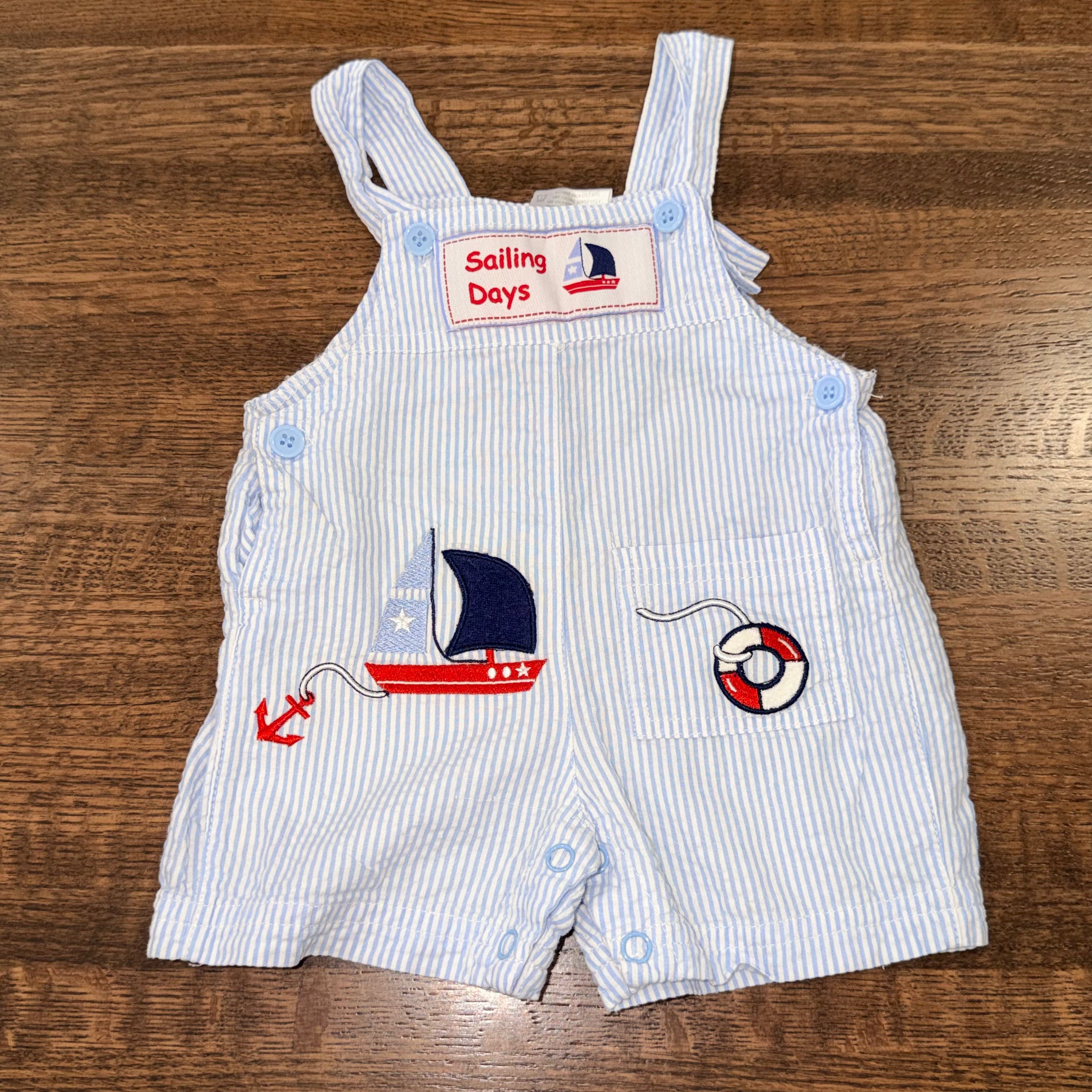 Vintage Sailboat Seersucker Baby Boys Romper 0-3 mos