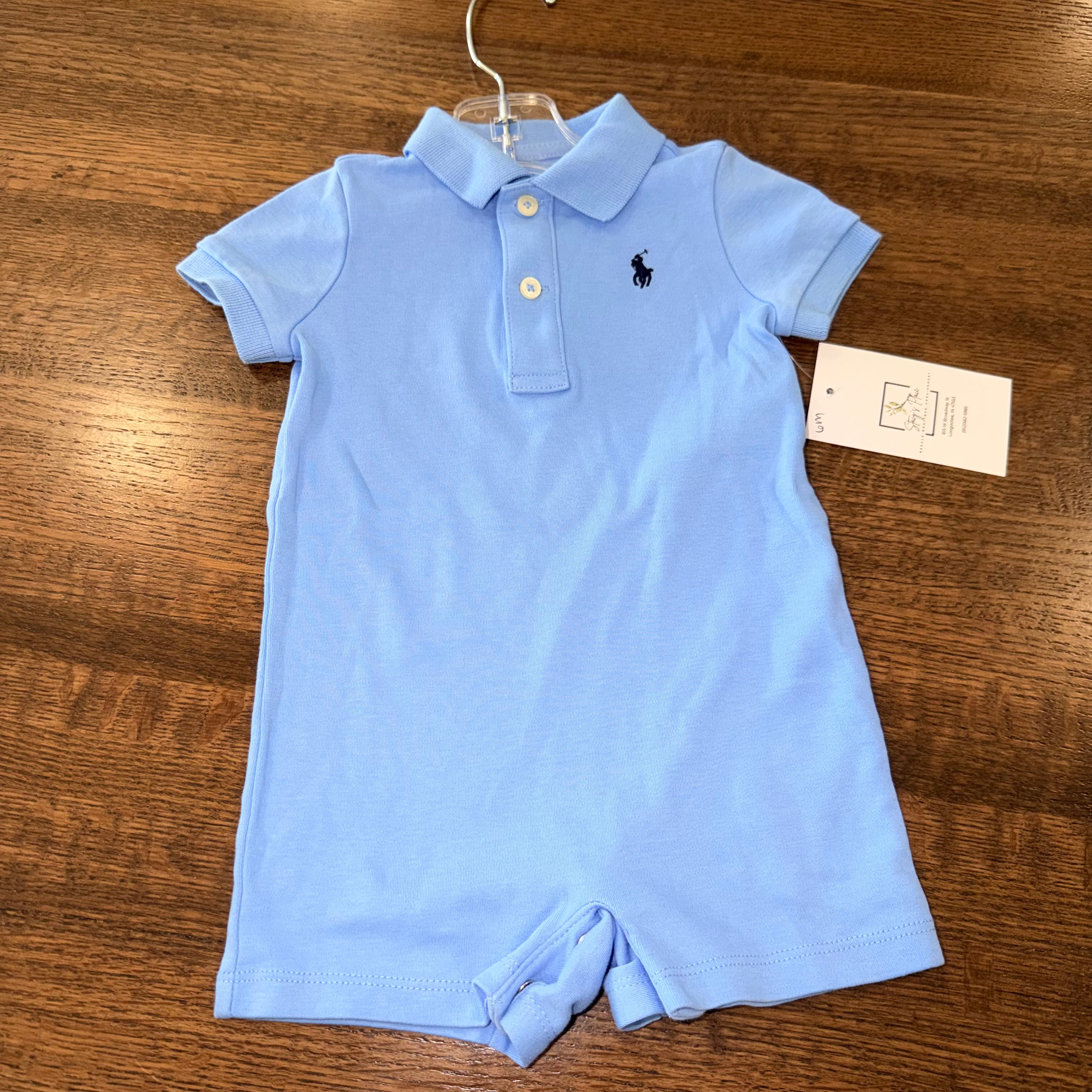 Polo Ralph Lauren Baby Boys Striped Cotton Mesh Polo Shortall Romper Size 6 Months EUC