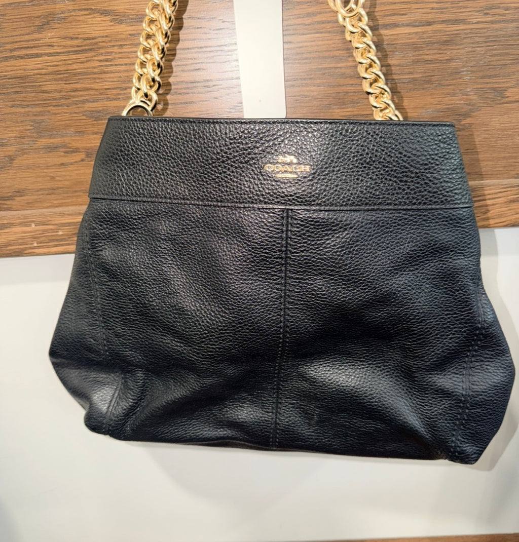 Coach Authentic "Lexy" Black Pebbled Leather Large Chain Shoulder Bag