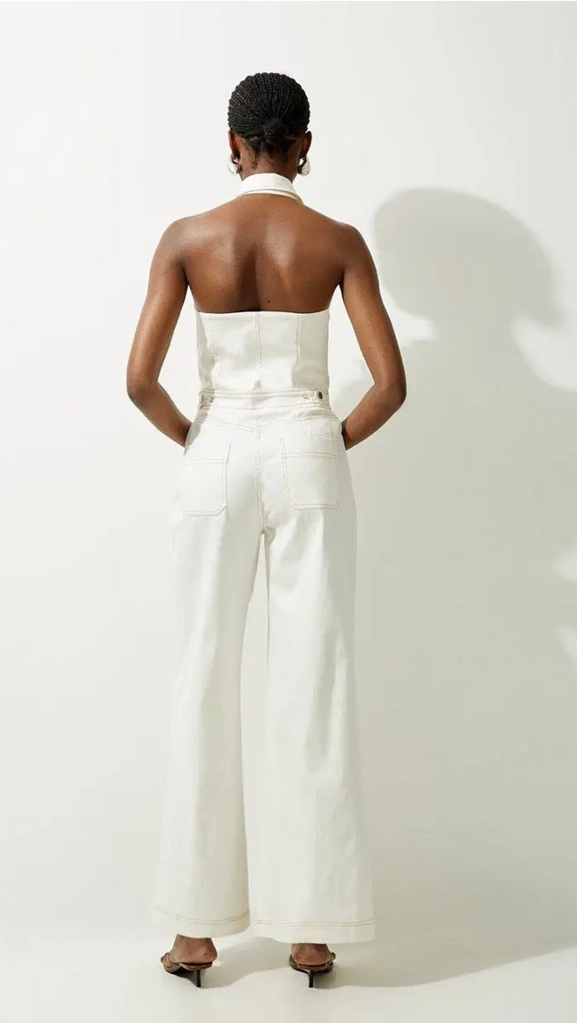 Flying Tomato White Denim Halterneck Wide Leg Jumpsuit Size Large