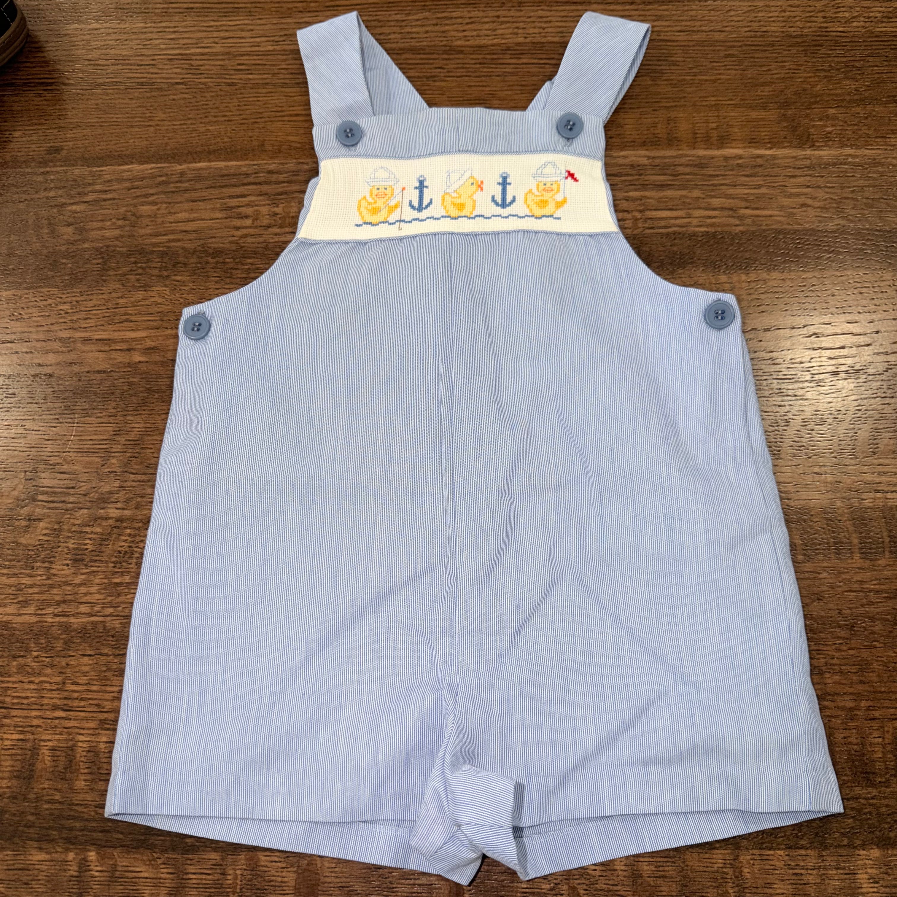 Vintage Handmade Baby Boys Smocked Duck Jon Jon Romper Shortall 12 mos