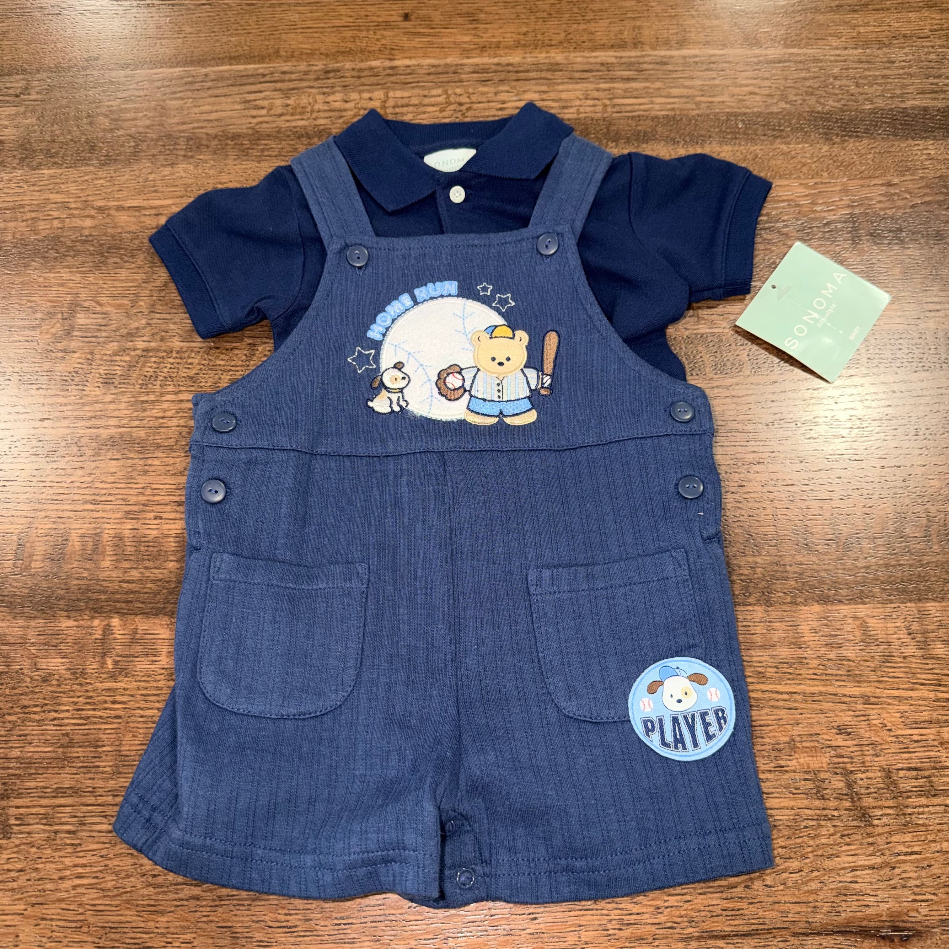 Vintage Y2K Sonoma Baby Boys Home Run Baseball Overalls Romper 3-6 mos NWT