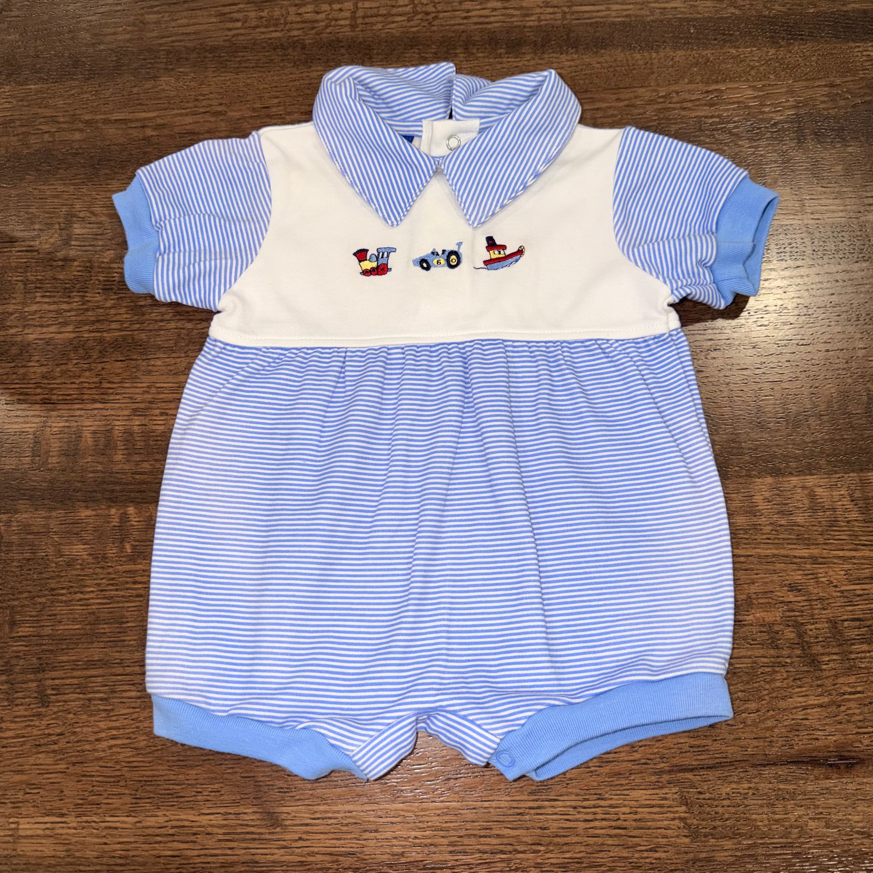 Vintage MY PAL Y2K Baby Boys Smocked Train Race Car Tug Boat  Whales Romper 3-6 mos
