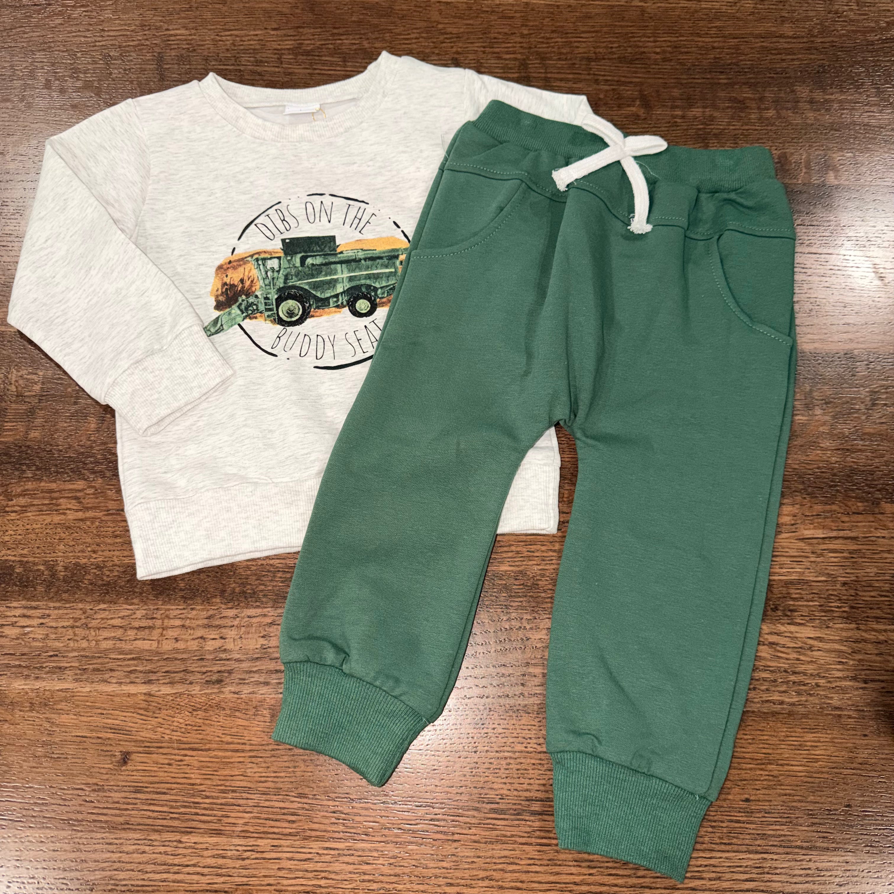 Dibs on the Buddy Seat Boys Tractor Crew & Jogger Set 2pc 6-12 mos NWT