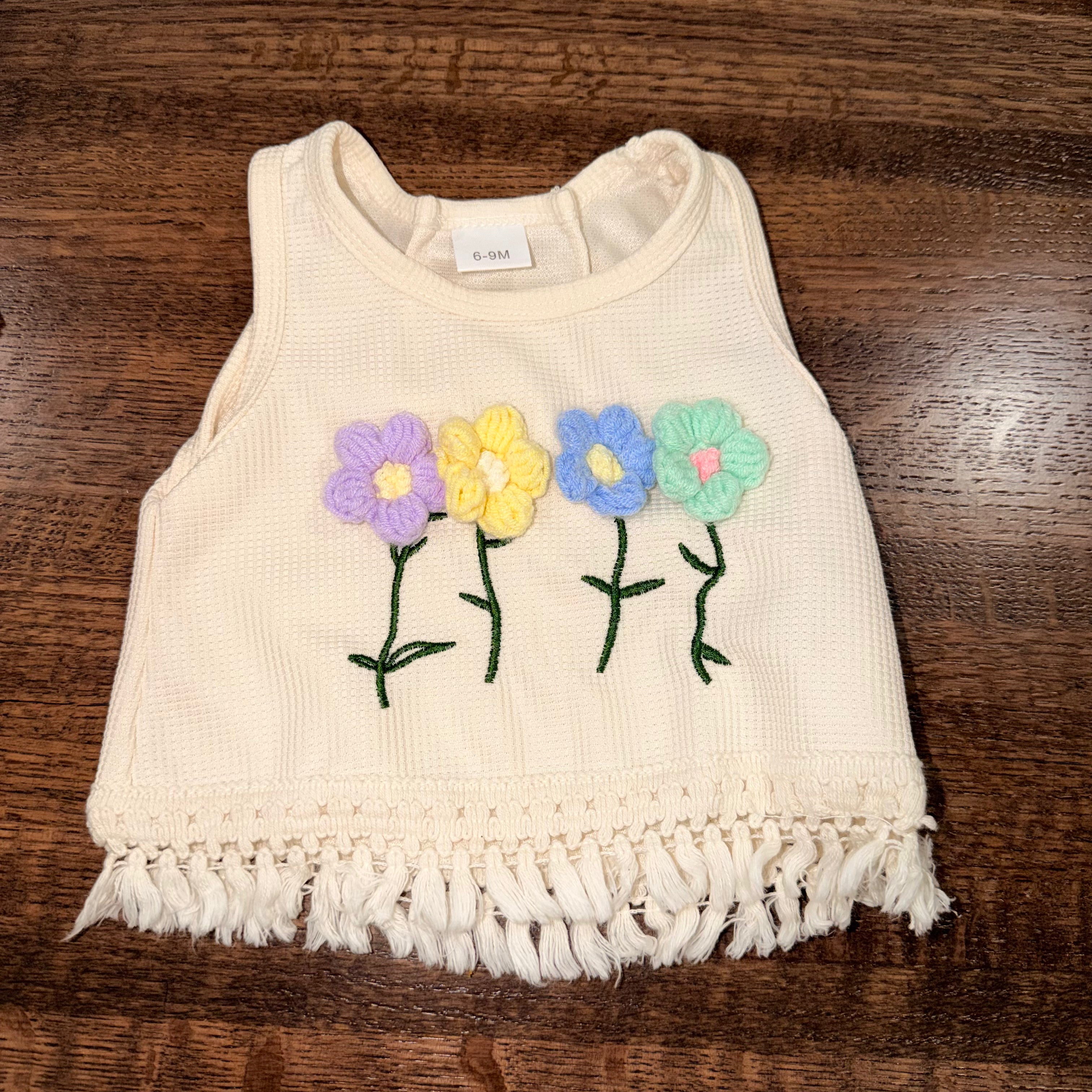 Waffle Knit Girls Baby Crochet Flowers Fringe Top Shirt Size 6-9 mos