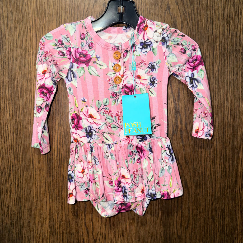 Posh Peanut NWT Girls Bamboo PARI LONG SLEEVE HENLEY TWIRL SKIRT BODYSUIT Size 3-6 mos