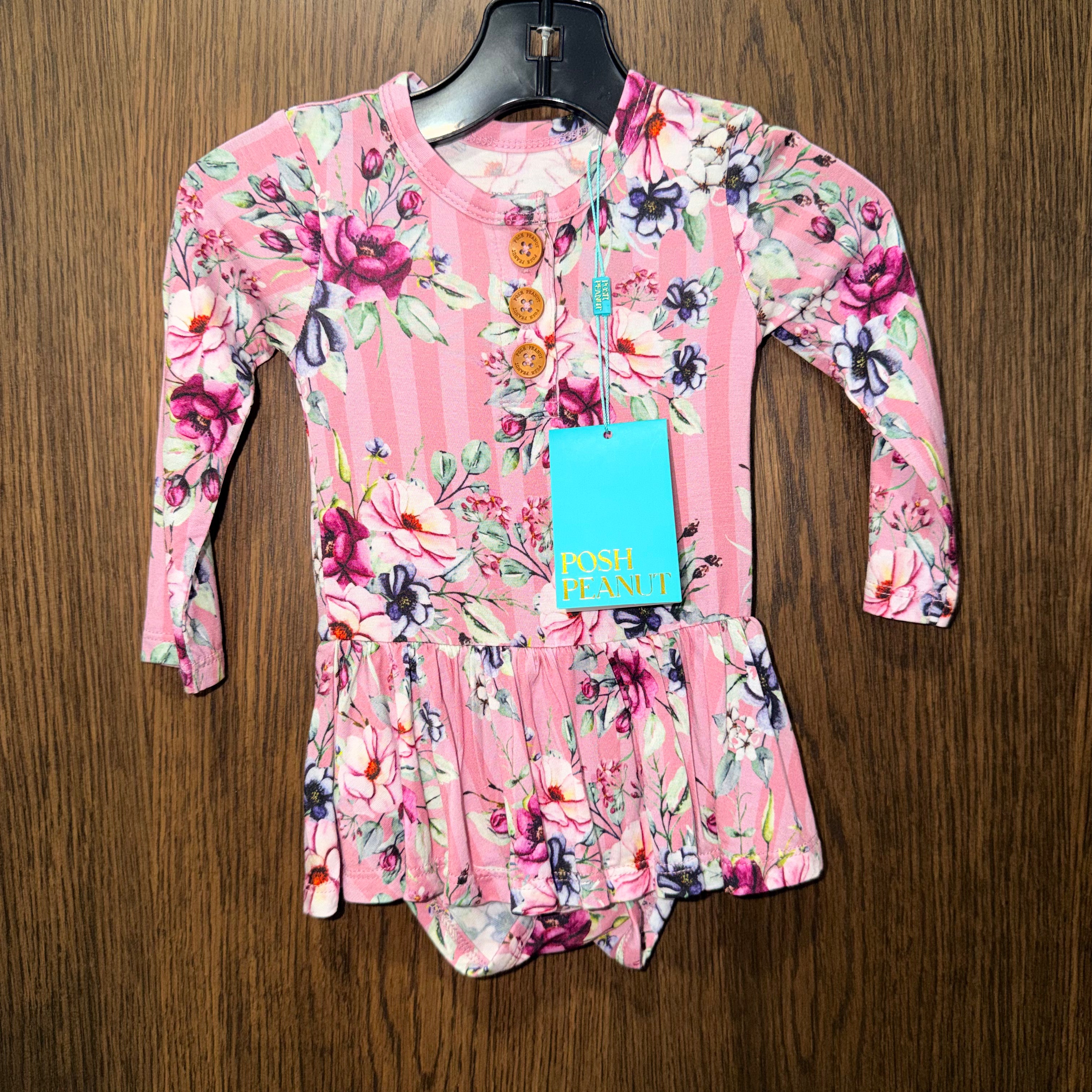 Posh Peanut NWT Girls Bamboo PARI LONG SLEEVE HENLEY TWIRL SKIRT BODYSUIT Size 3-6 mos