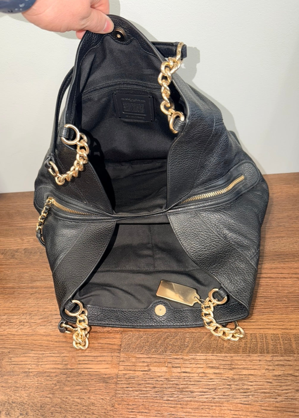 Coach Authentic "Lexy" Black Pebbled Leather Large Chain Shoulder Bag