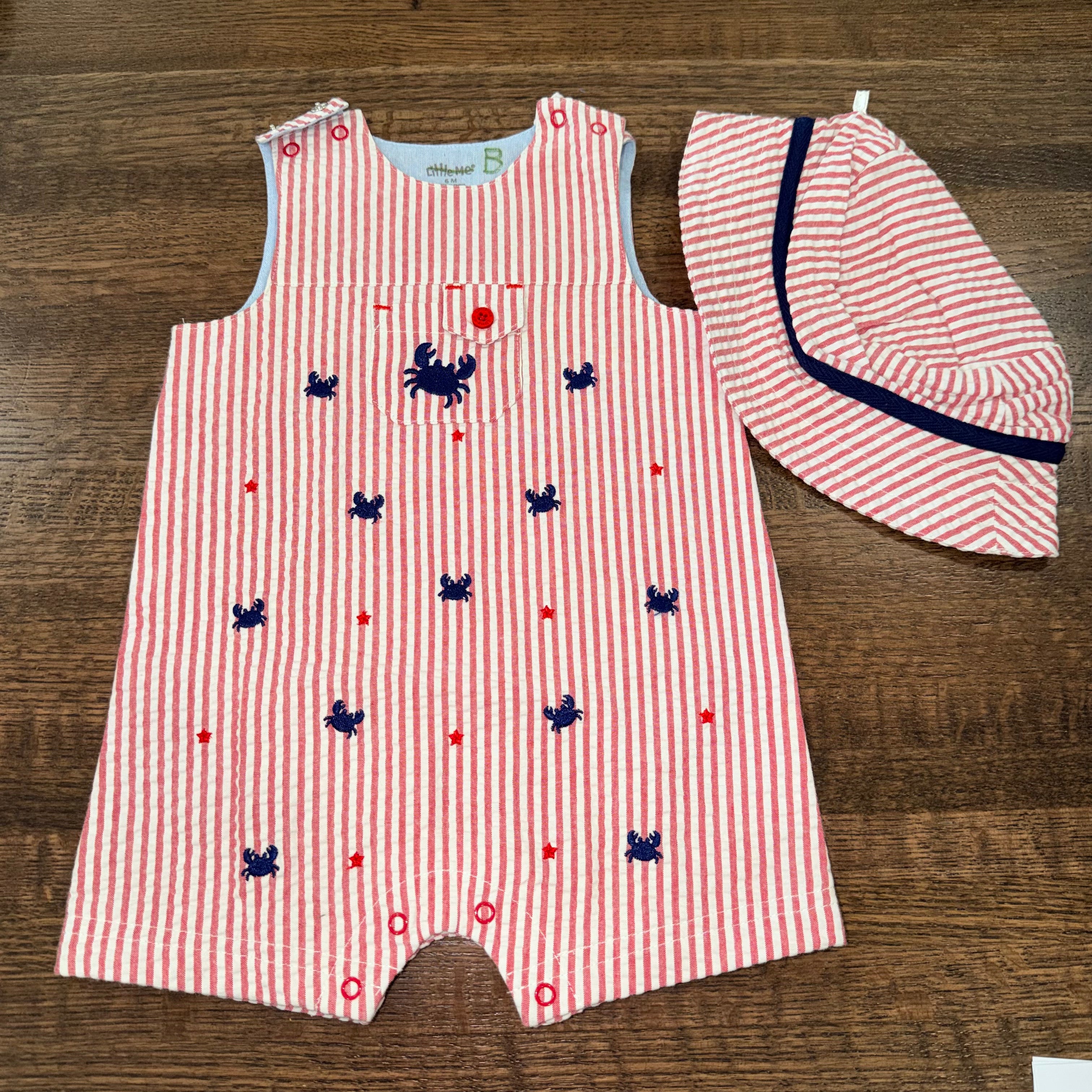 Vintage Handmade Little Me Seersucker Striped Lobster Romper Shortall & Hat Size 6 mos