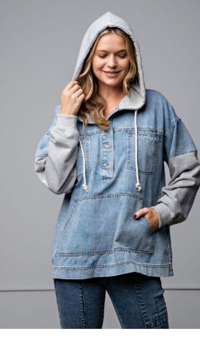 Easel Vintage Wash Denim Hoodie Pullover  Medium