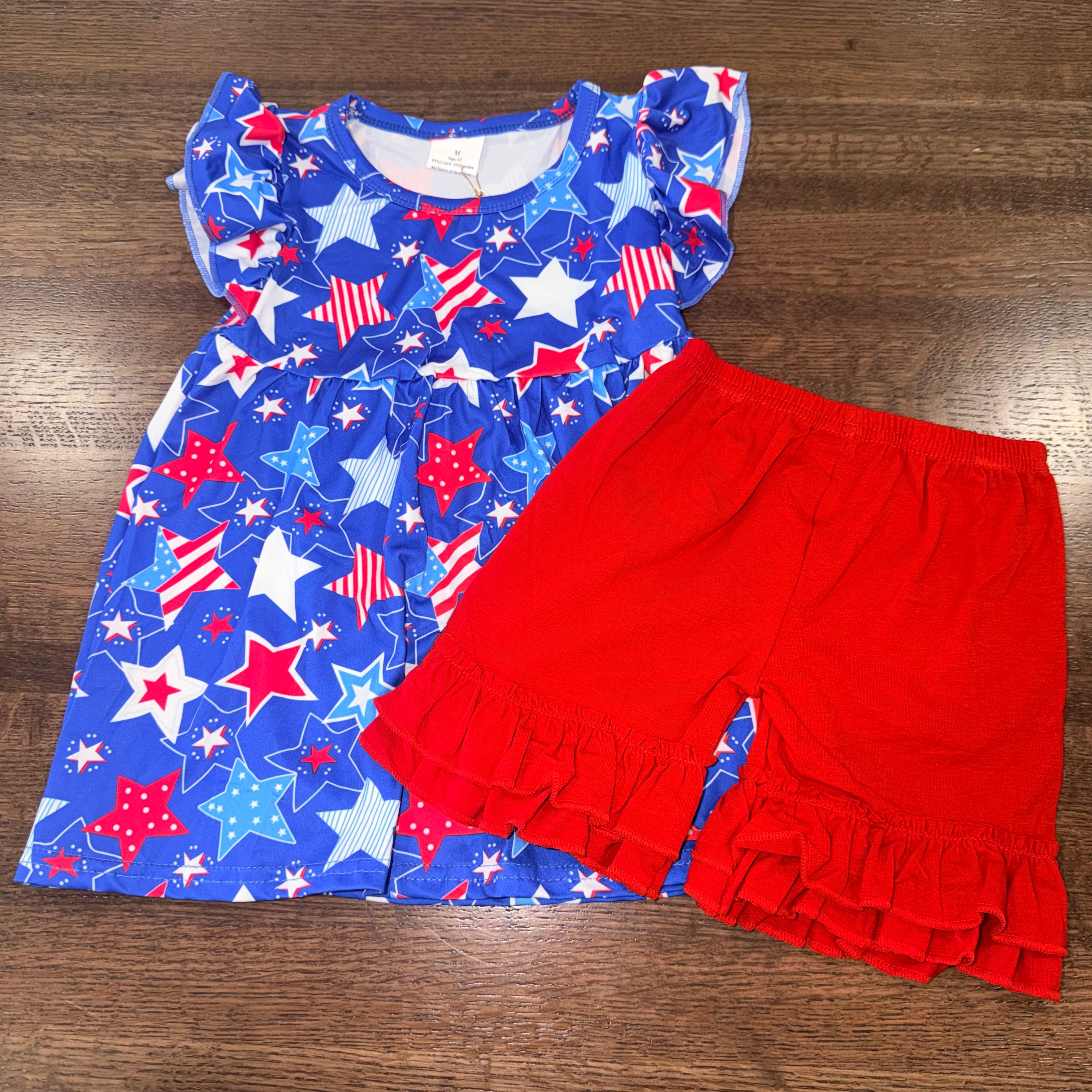 Boutique Patriotic Stars Girls Flutter Top & Shorts Size 5/6