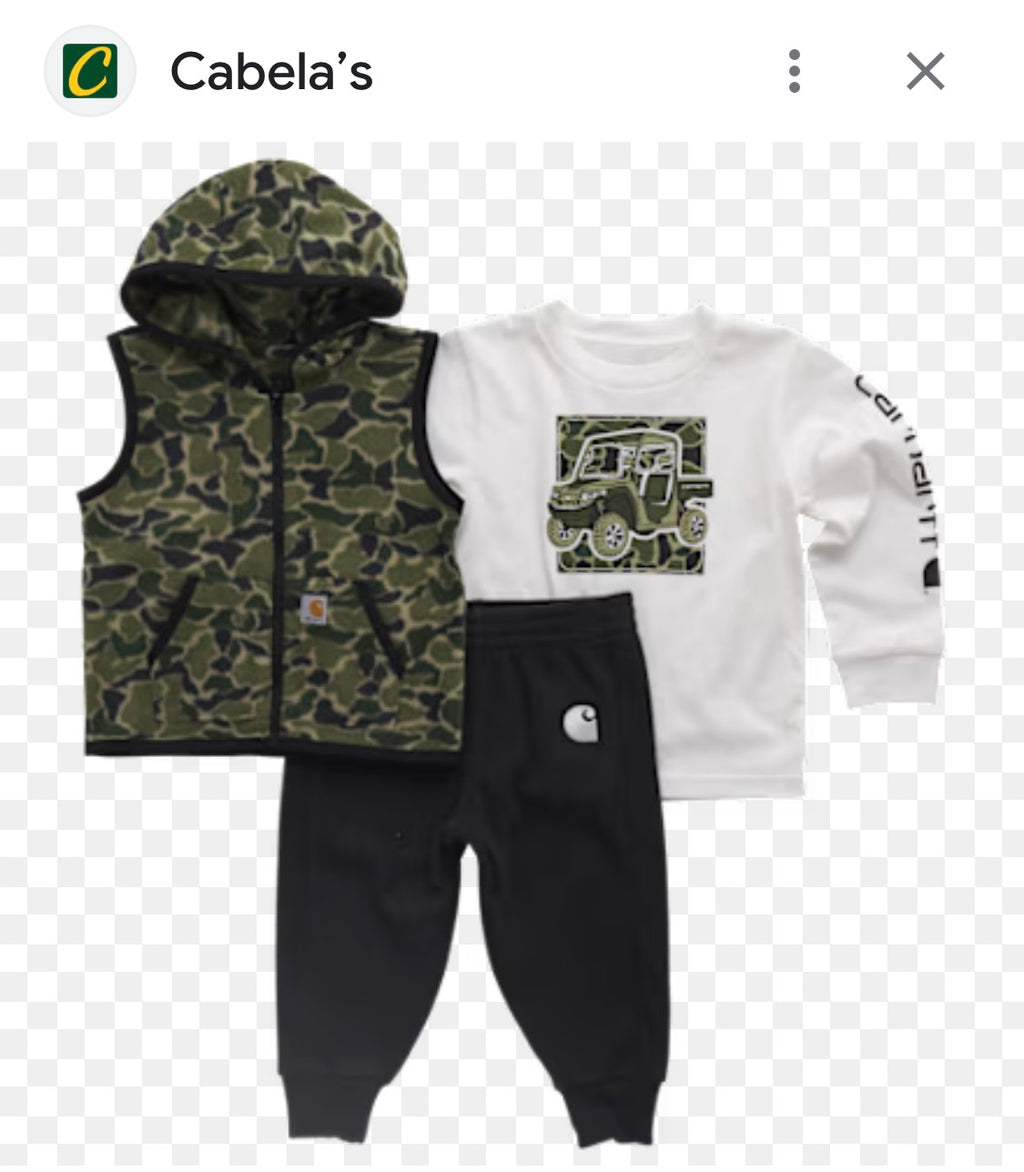 Carhartt Baby Camo Vest, Long-Sleeve T-Shirt & Pants 3-Piece Set 3mos 3 Months EUC