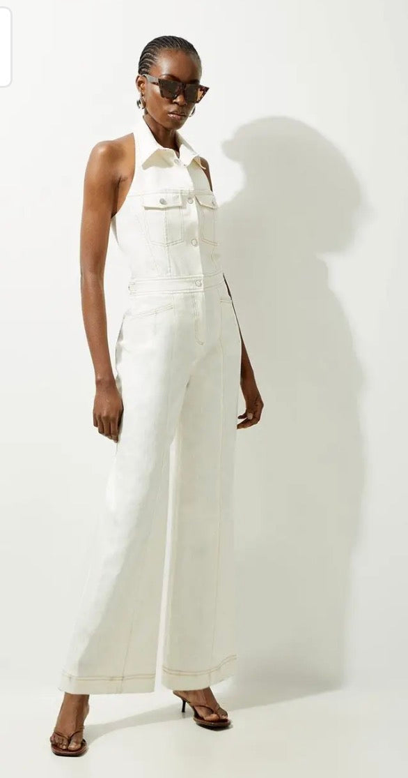 Flying Tomato White Denim Halterneck Wide Leg Jumpsuit Size Large