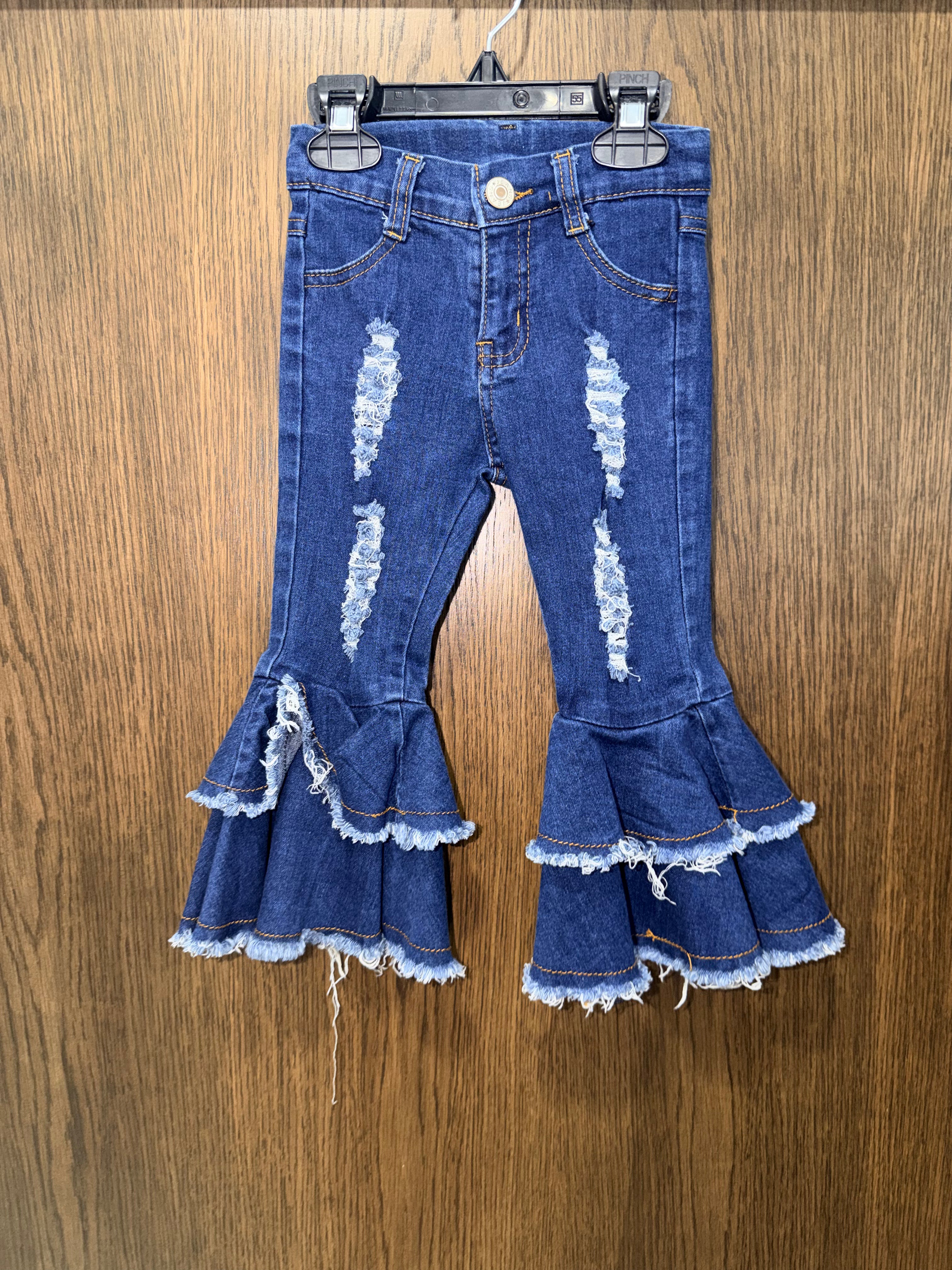 Denim Blue Girls Distressed Big Bell Bottom Jeans 12-18 18-24 2T Adjustable Waist