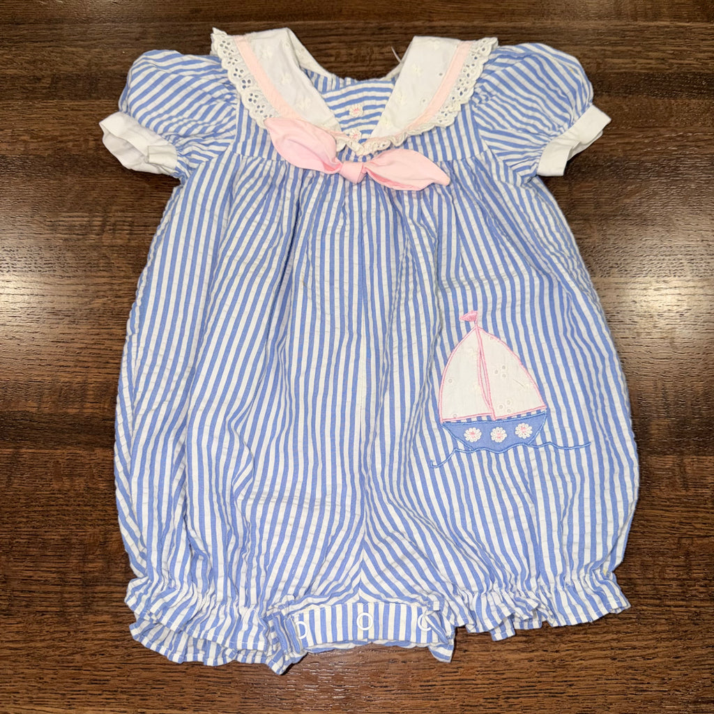 Vintage Girls Smocked Seersucker Bubble Romper  18-24 mos