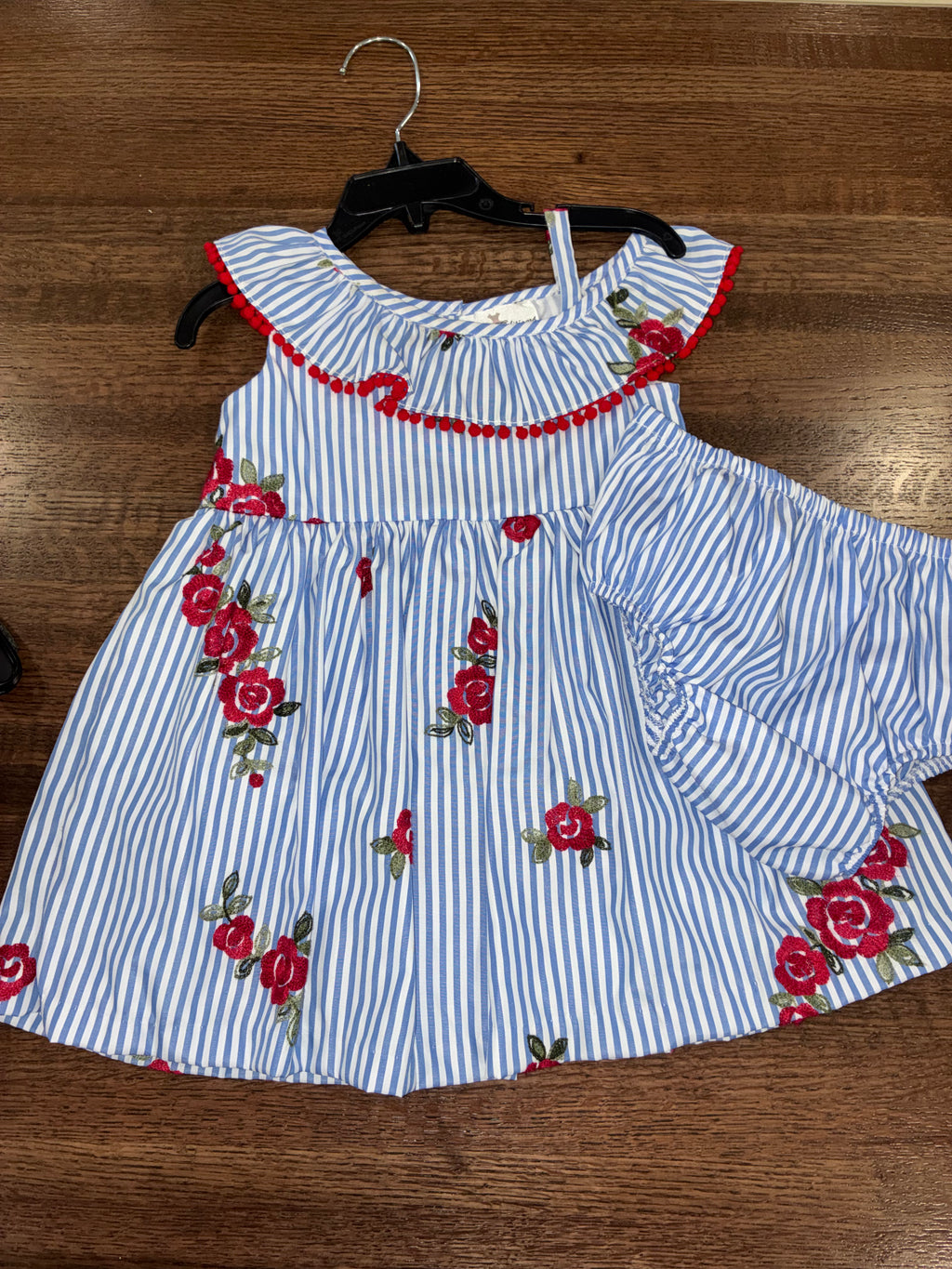 Rare Editions Girls Blue White Striped Red Floral Off Shoulder Dress 18 mos