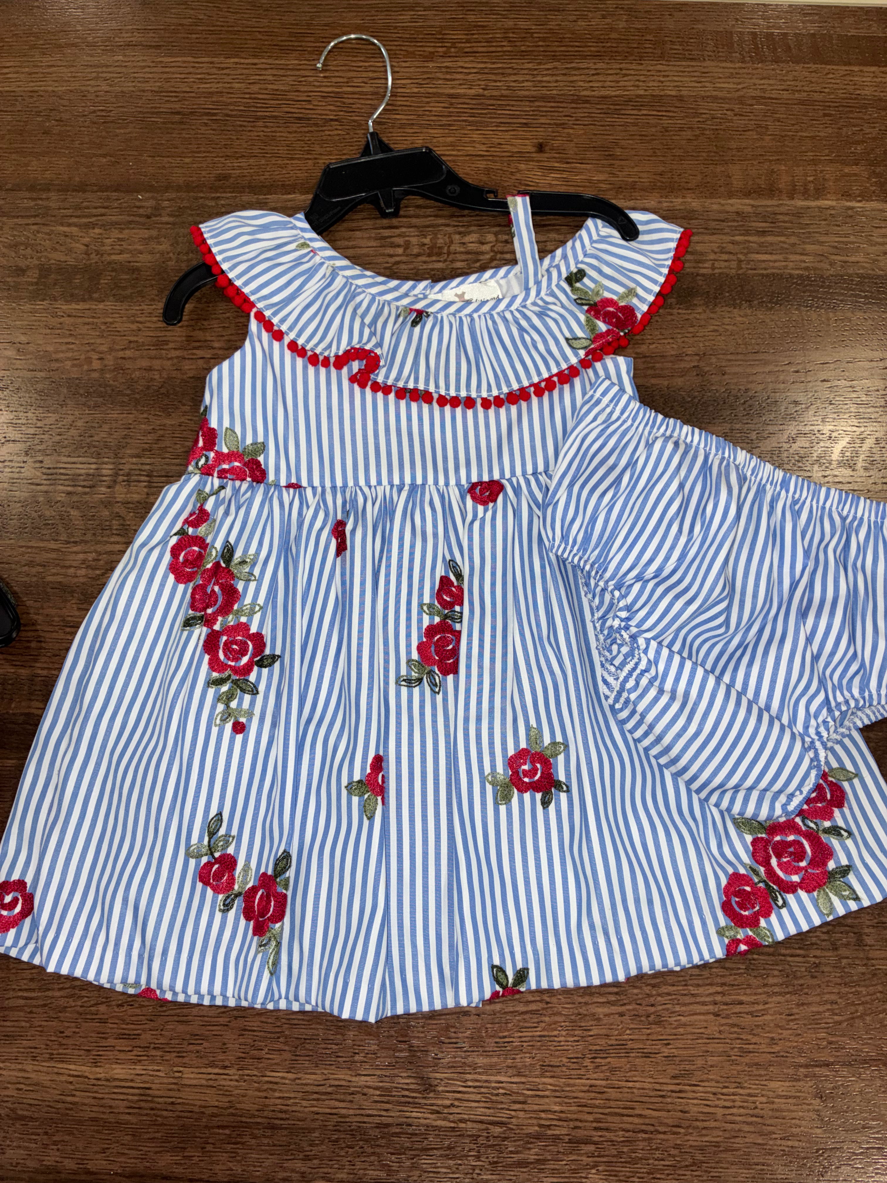 Rare Editions Girls Blue White Striped Red Floral Off Shoulder Dress 18 mos