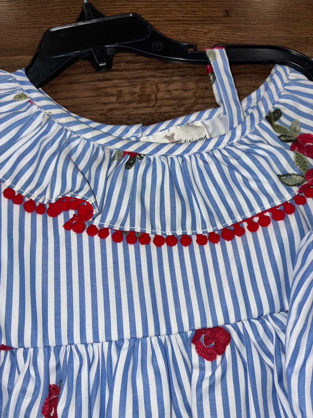 Rare Editions Girls Blue White Striped Red Floral Off Shoulder Dress 18 mos