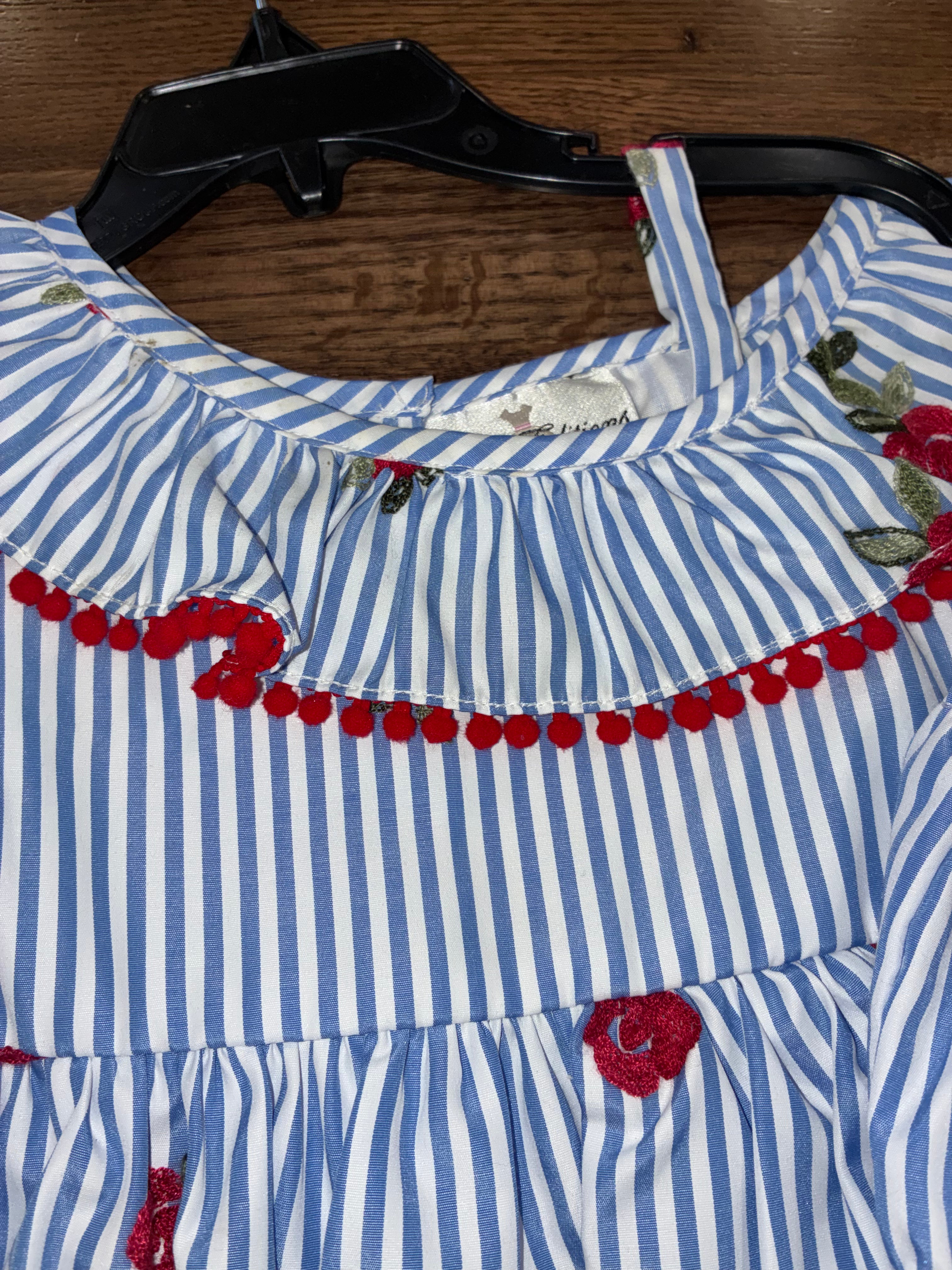 Rare Editions Girls Blue White Striped Red Floral Off Shoulder Dress 18 mos