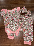 Milkberry Girls Bamboo Flutter Sleeve Onesie, Pants, & Bow Size 0-3 mos