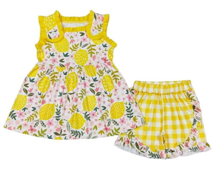 Girly Max Boutique Girls NWT Lemon & Floral Ruffle Tank & Shorts Set Size 3T