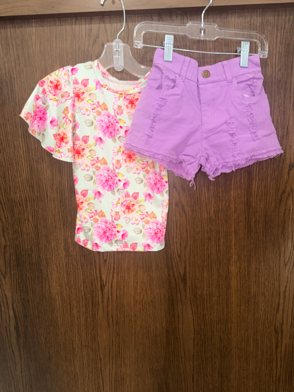 Lady Charm NWT Boutique  Girls Floral Top Purple Denim Shorts Set Size 6/7 6 7