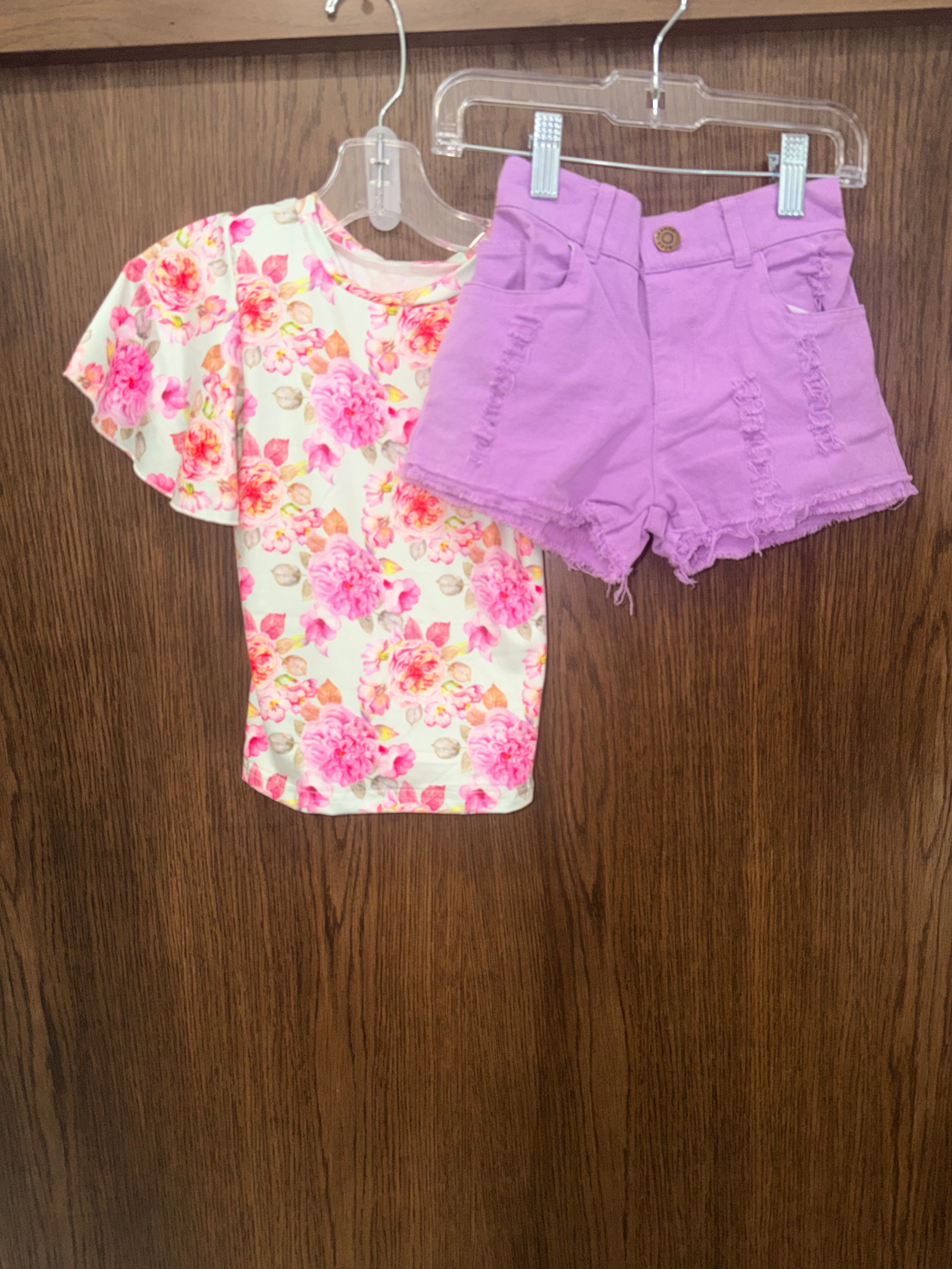 Lady Charm NWT Boutique  Girls Floral Top Purple Denim Shorts Set Size 6/7 6 7